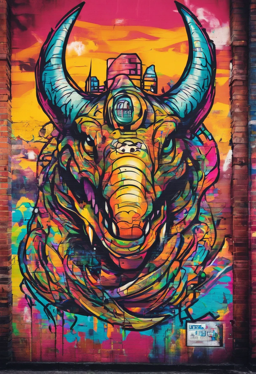 Prompt: Graffiti, The Monster, The whole picture, hight resolution、highly contrast、triceratops、cyberpunked