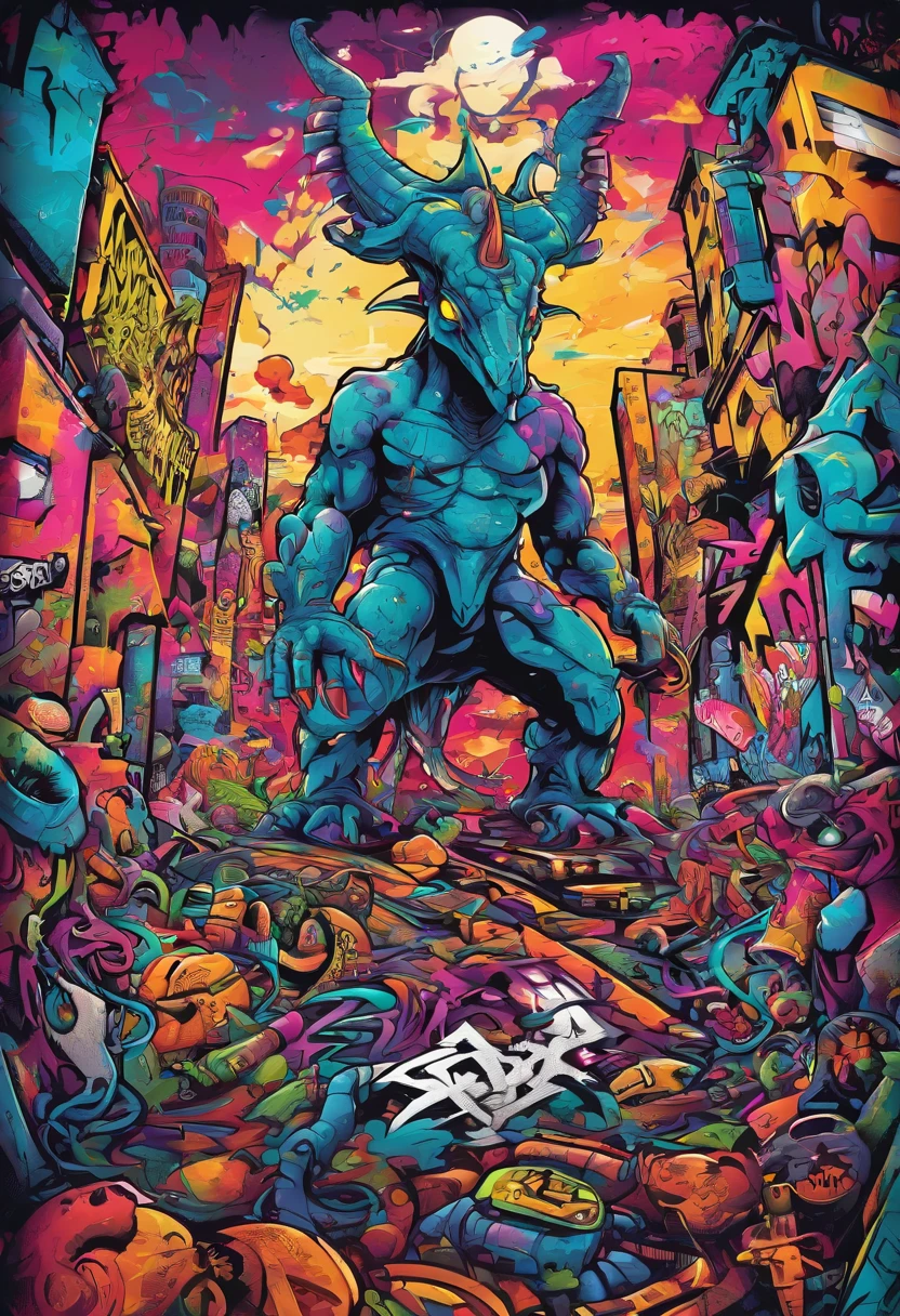 Prompt: Graffiti, The Monster, The whole picture, hight resolution、highly contrast、triceratops、cyberpunked