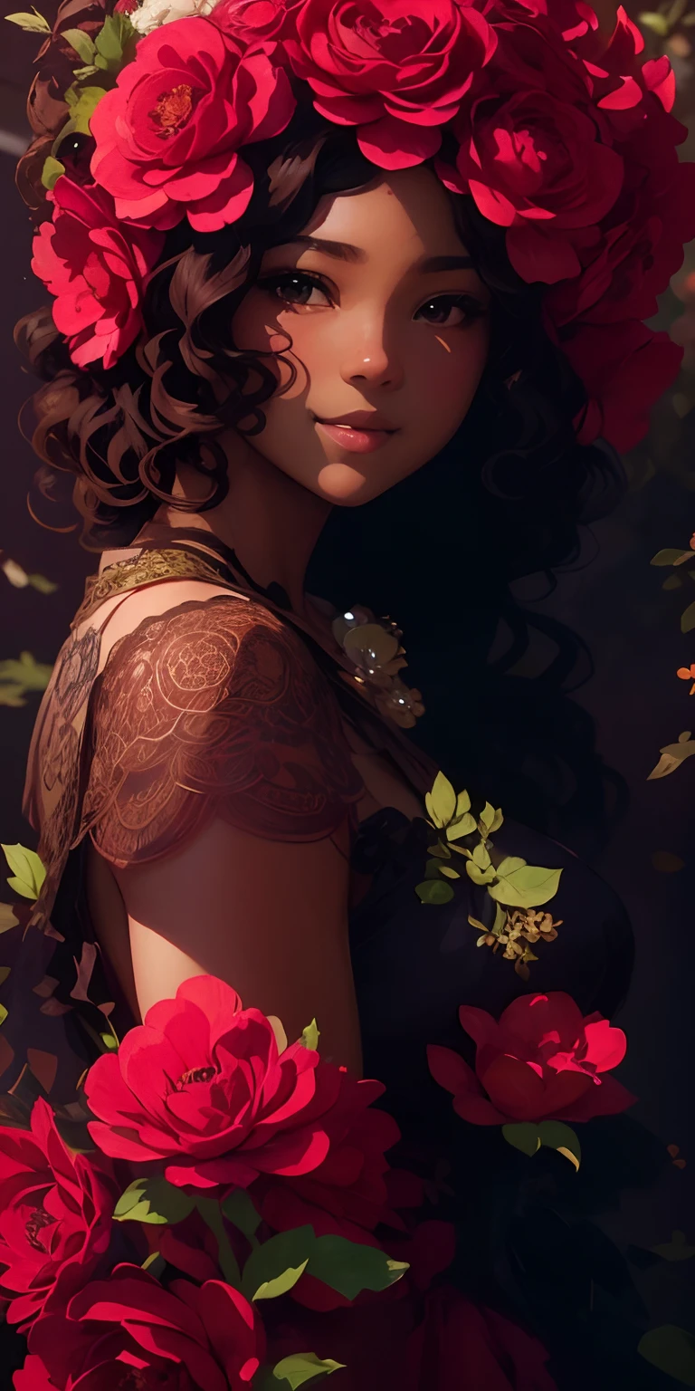 sticker style illustration, Mucha, studio Ghibli, wreath of flowers, pink color short curly hair, dark skin, beautiful face, intricately detailed, elegant, approaching perfection, dynamic, highly detailed, smooth, stunningly beautiful girl, detailed hairstyle, vintage dress, intricately detailed, full body, smile, have a flush on her face, light background