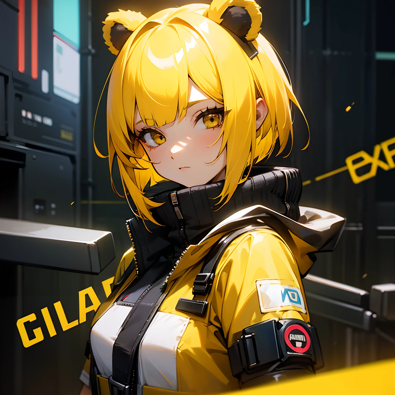 girl with,Yellow hair,Bear ears,a short bob,cyberpunked,Feeling young