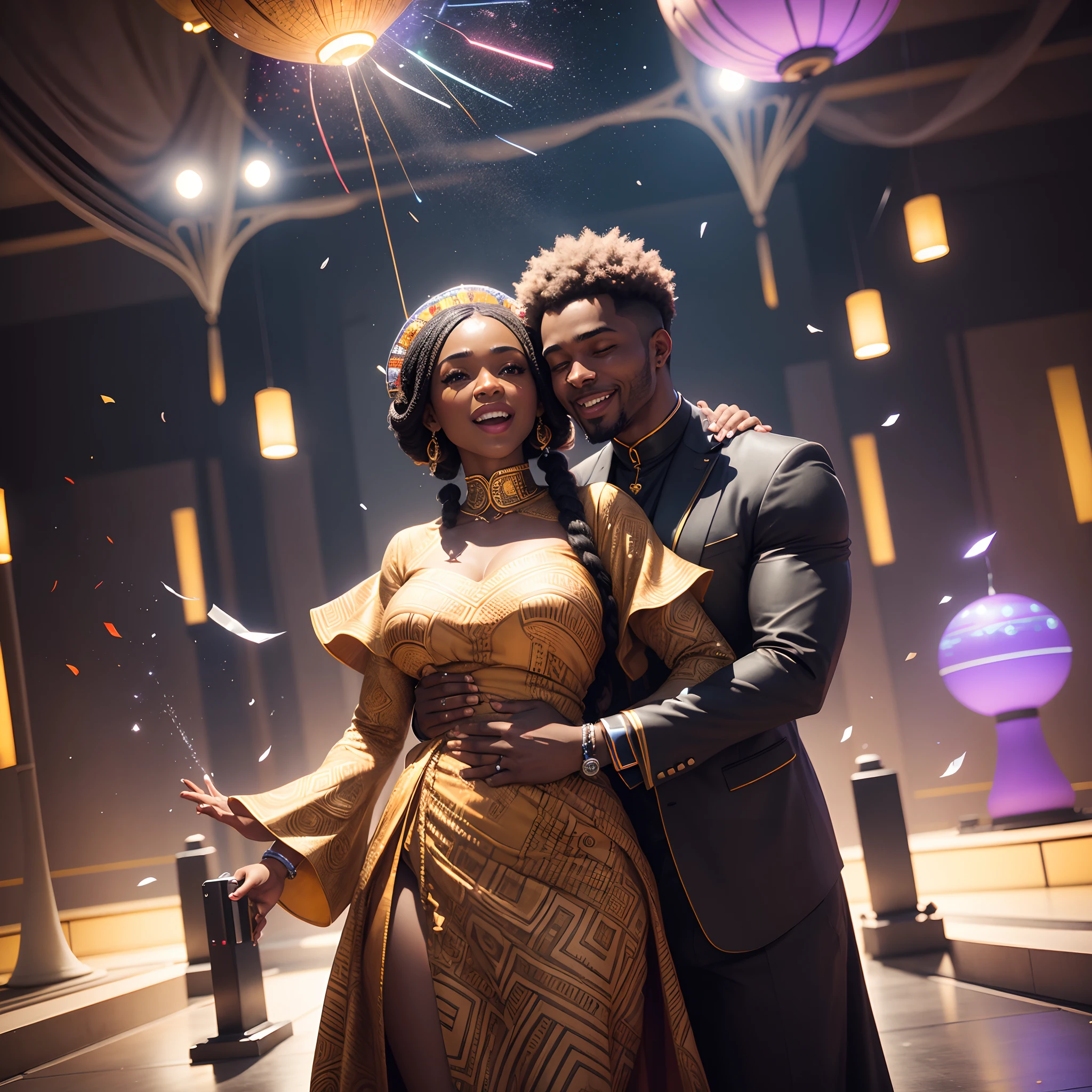 Wide angle shot of a happy Black man dressed in African designed clothes and happy black woman dressed in african designed clothes getting married, with celebrating congregation in the background, standing on a reflecting ground surface, under a mechanical spaceship spraying confetti in air, surrounded by lighting futuristic floating light sphere drones, night time, mini androids glowing in the scene, with iridescent light, photorealistic image, ultra HD, cinematic lighting, artgerm style,