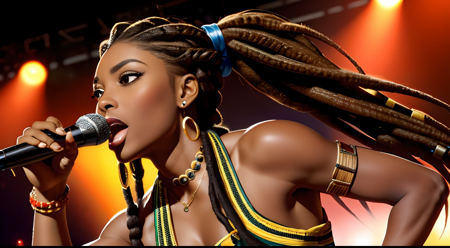 (Masterpiece:1.2), (Best Quality:1.2), perfect eyes, Woman in her 40s, perfect faces, Dark stage lighting, photo shoot, long hair, ponytail hair, long hair, ponytail hair, long hair, ponytail hair, 1Girl dark skin, Gorgeous tribal dresses, thick eyelashes, makeups, eyeshadows, middle way hair, (Dreadlocks ), (Dreadlocks ), (Dreadlocks ), (microphone), (Singing on the club stage), (microphone), (Singing on the club stage), (microphone), (Singing on the club stage), (Hip Hop), (Hip Hop), (Hip Hop)