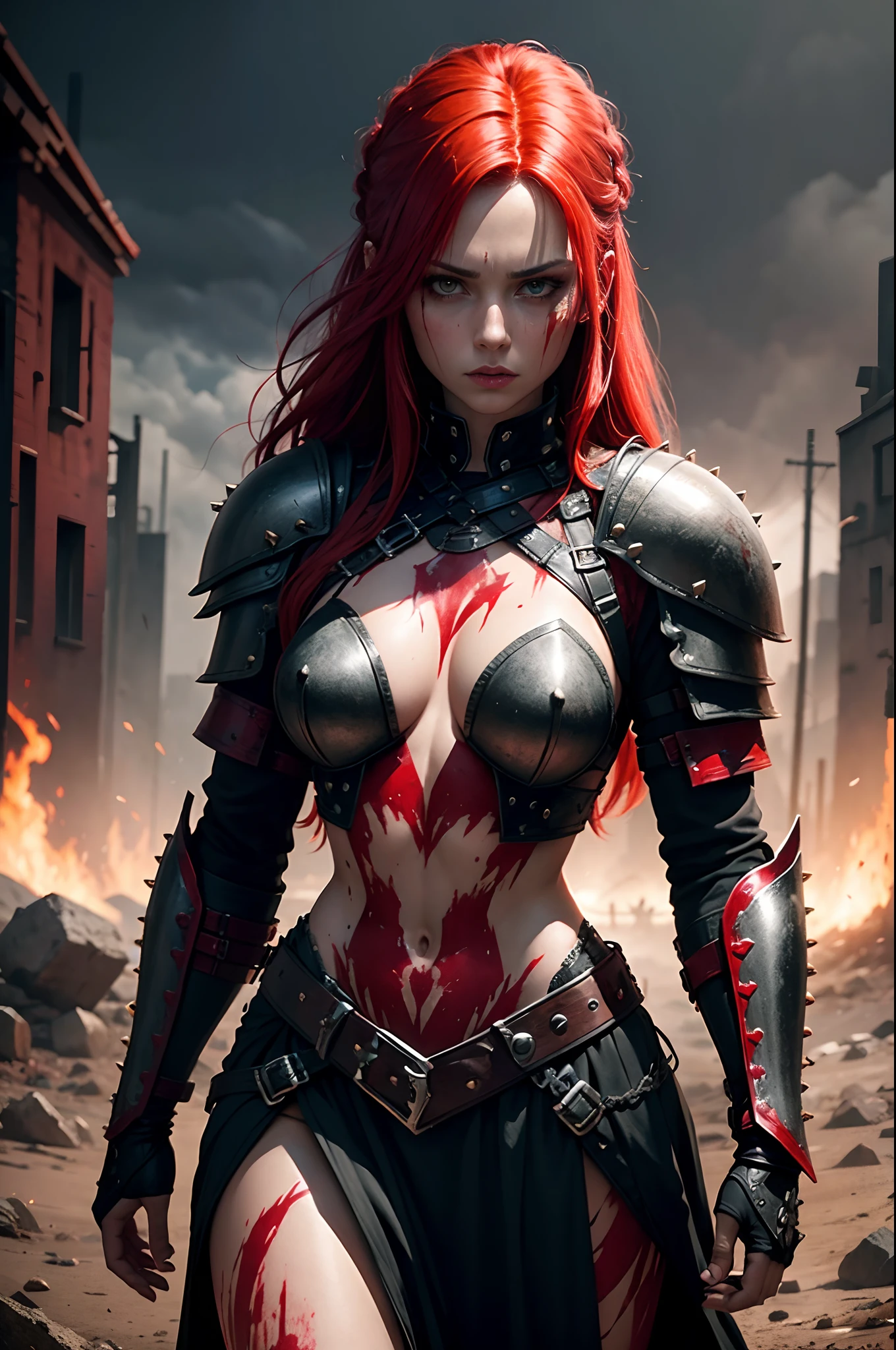 red-haired woman, tied hair, tattoo, black and red studded leather armor, blood on the armor, best quality, blood-soaked landscape, dark and ominous, dramatic lighting