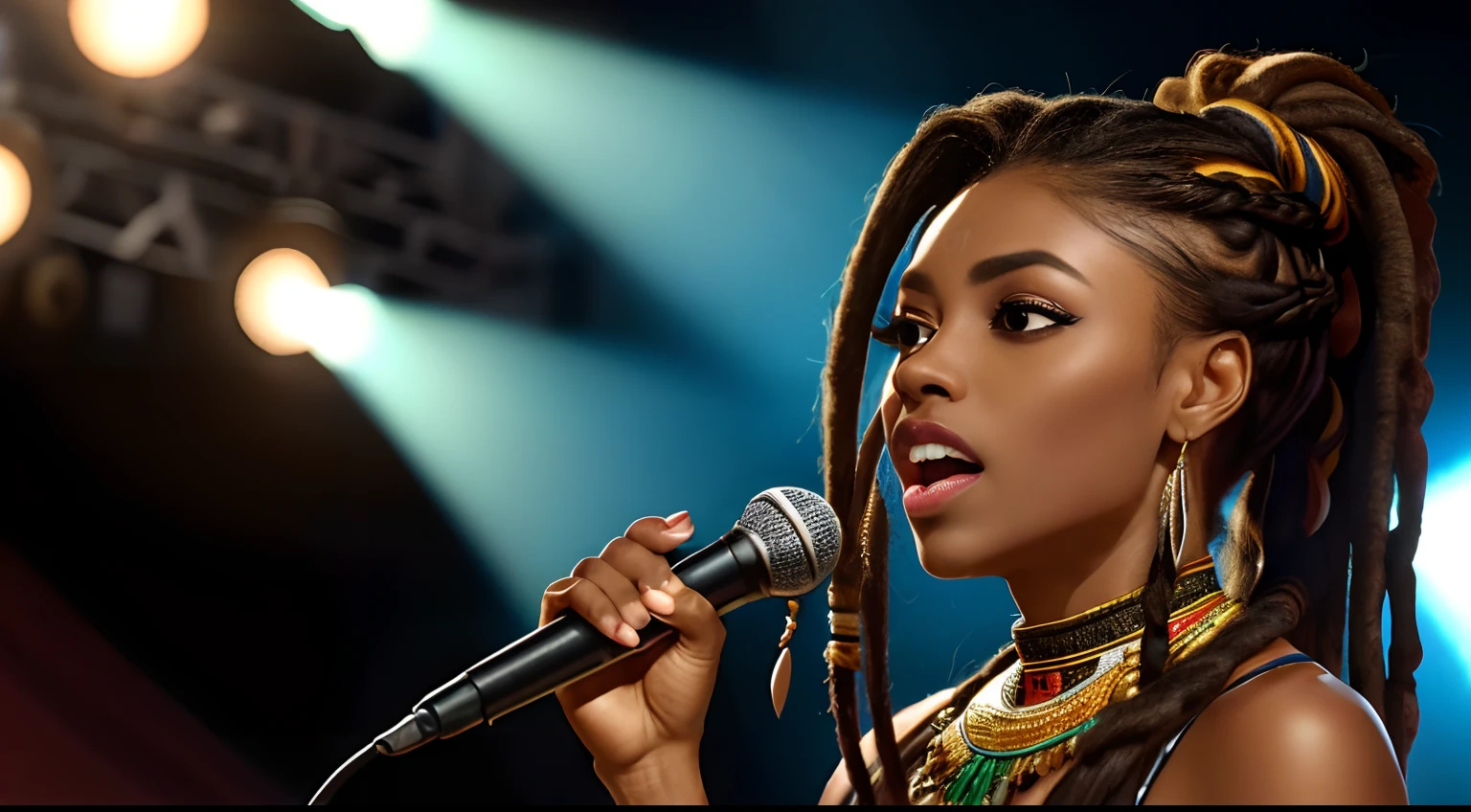 (Masterpiece:1.2), (Best Quality:1.2), perfect  eyes, Woman in her 40s, perfect faces, Dark stage lighting, photo shoot, long  hair, ponytail hair, long  hair, ponytail hair, long  hair, ponytail hair, 1Girl dark skin, Gorgeous tribal dresses,  thick eyelashes, makeups, eyeshadows, middle way hair, (Dreadlocks ), (Dreadlocks ), (Dreadlocks ), (microphone), (Singing on the club stage), (microphone), (Singing on the club stage), (microphone), (Singing on the club stage), (Hip Hop), (Hip Hop), (Hip Hop)