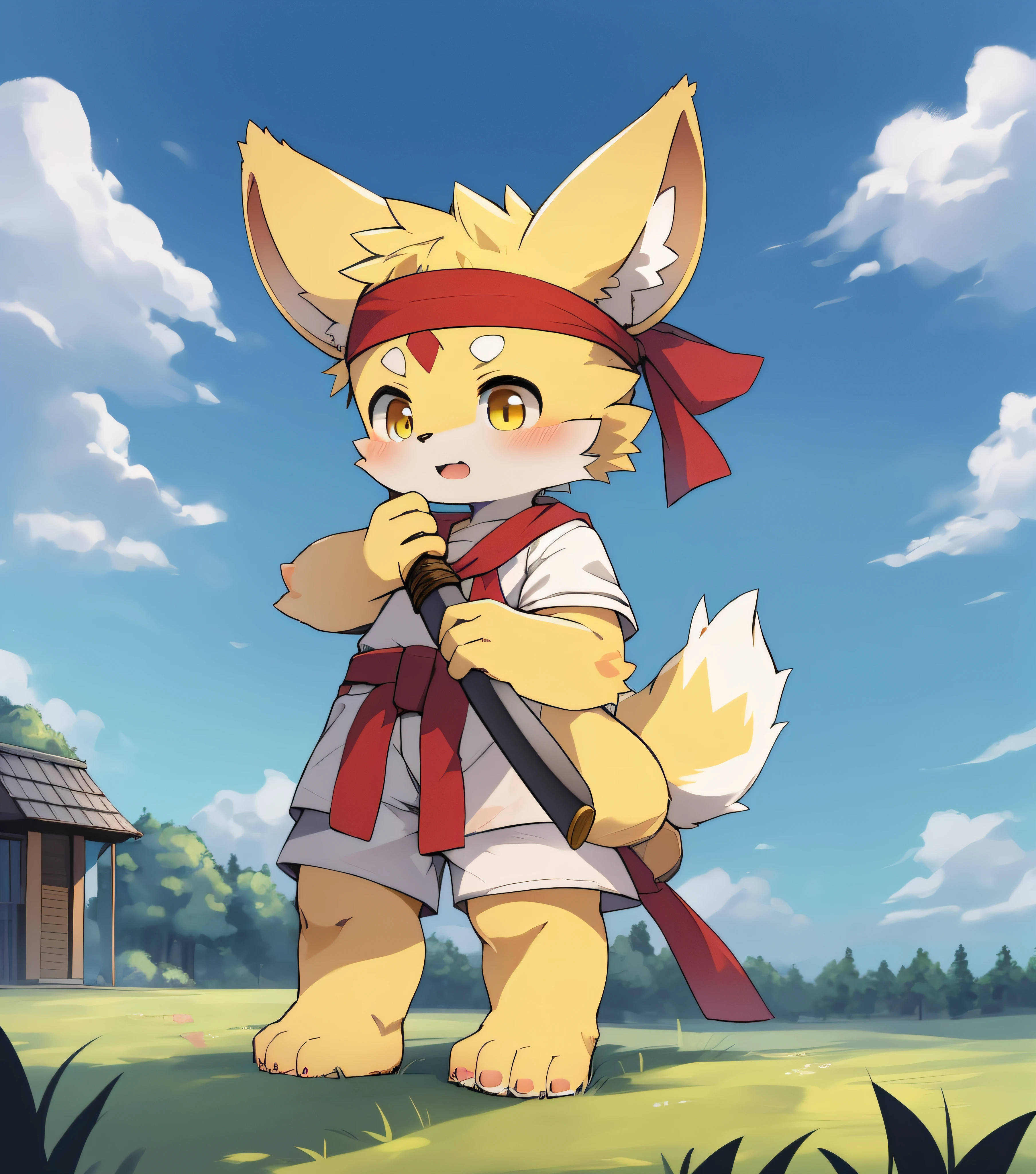 Bright yellow fur,Bright yellow fur,Bright yellow skin,Beast too,Orc boy,grassy fields,lawns,standing on your feet,attention,blue-sky,shaggy,shaggy,Bright yellow fur,Bright yellow fur,Bright yellow fur,Bright yellow fur,Bright yellow hair,male people,canid,adolable,adolable,adolable,solo person,Detailed fur,Golden eyes,Thick eyebrows,Fluffy tail,white short sleeve,short white pants,ultra - detailed:1.0,Libido boy,toddle,toddlersoddlers,cldren,children's,Gamine,Beast too,Beast too,Beast too,adolable,adolable,Shota(Via Dagasi:1.1),anatomy correct,Barefoot,The barefoot,Barefoot,Barefoot,Barefoot,standing on your feet,attention,bald-headed,Cat feet,lawns,grassy fields,On the lawn,on a grassy field,Tread on the grass,Trampling on small grass,Tread on the grass,Trampling the meadow,Tread on the lawn,Trampling the lawn,bald-headed,balding,balding,Bright yellow feet,Bright yellow feet,Bright yellow feet,Bright yellow feet,Trampled grass,Trampled grass,Stand on the lawn,standing in grassy field,Stand on the lawn,There are footprints on the lawn,Footprints on the lawn,marshes,mud ground,Dirt roads,Muddy in the grass,sludgy,red waistband,komono,red headband,Blood,A child with a katana in his hand,Children with serious expressions