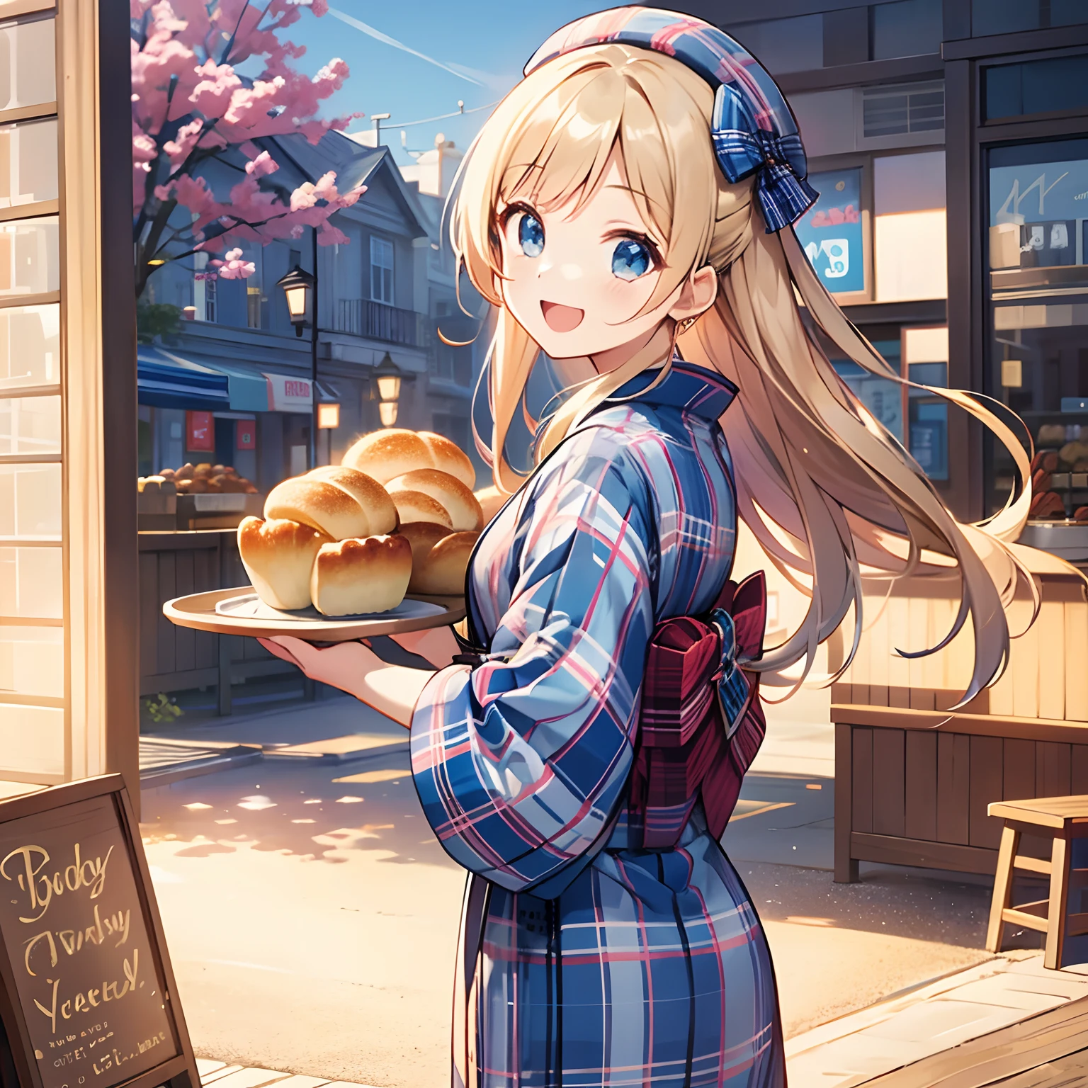 Beautiful blue plaid kimono,Beautiful blue plaid beret,Beautiful background,happy laugh,have a breads on the tray,