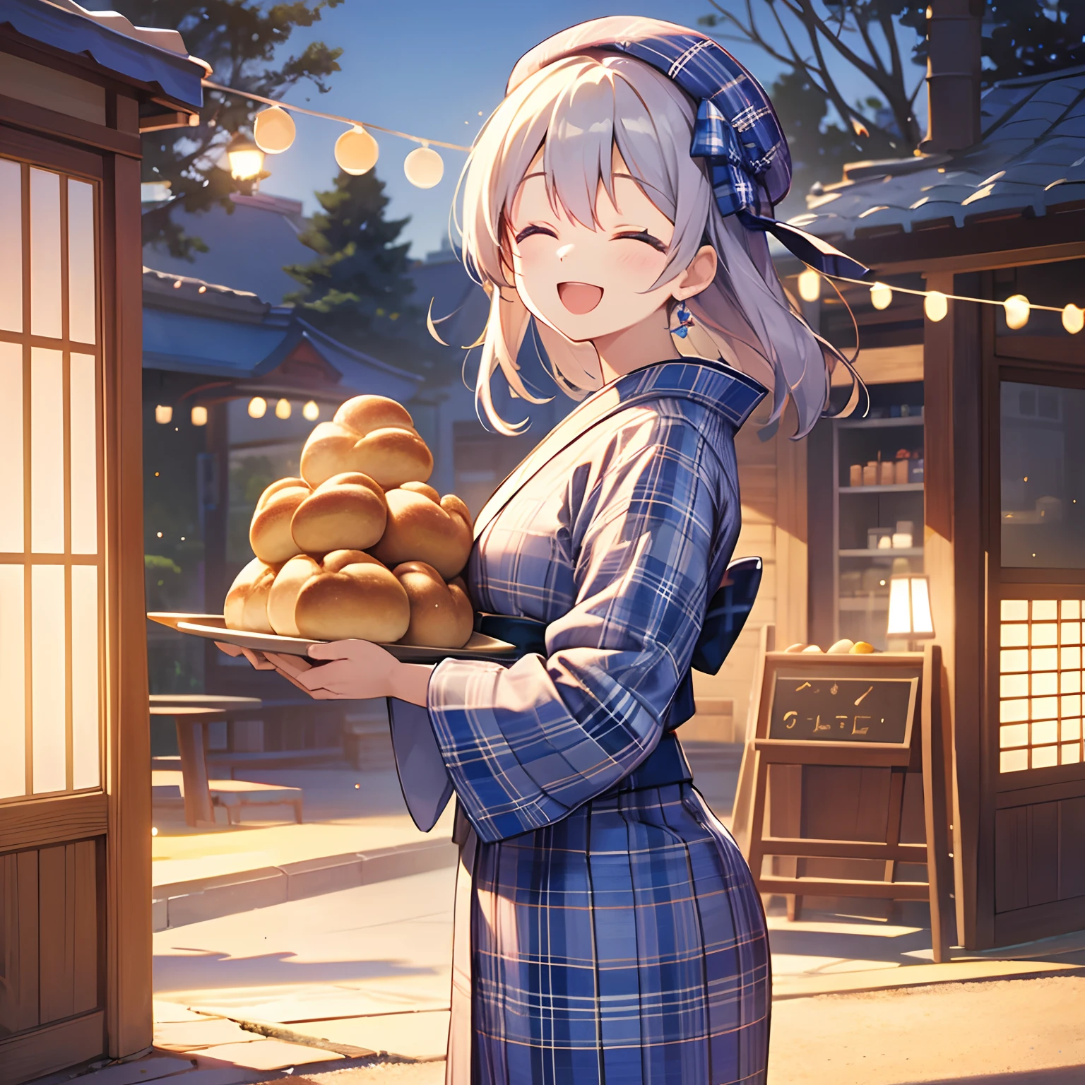 Beautiful blue plaid kimono,Beautiful blue plaid beret,Beautiful background,happy laugh,have a breads on the tray,