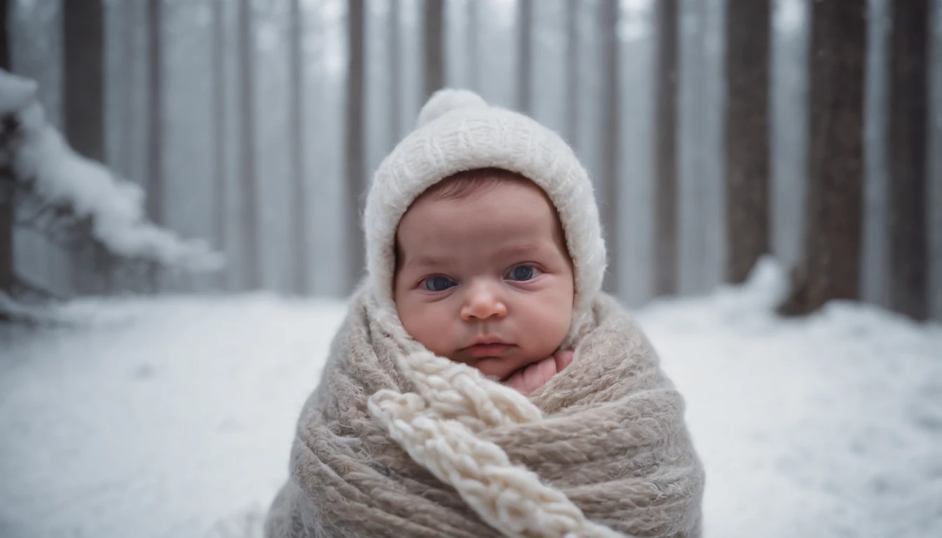 medieval Hungary, lies wrapped in wool and fur at the edge of the forest, snow, night, eerie, mystical, cinematic scene from film