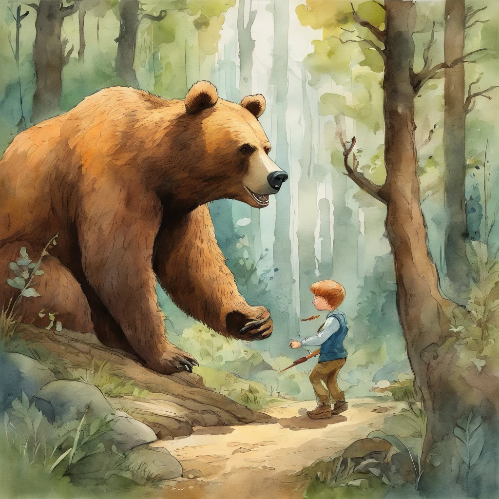 A bear and a human boy are fighting. (Fantasy Anime Style, Hayao Miyazaki, Gouache and Ink, Enchanted Forest Light)