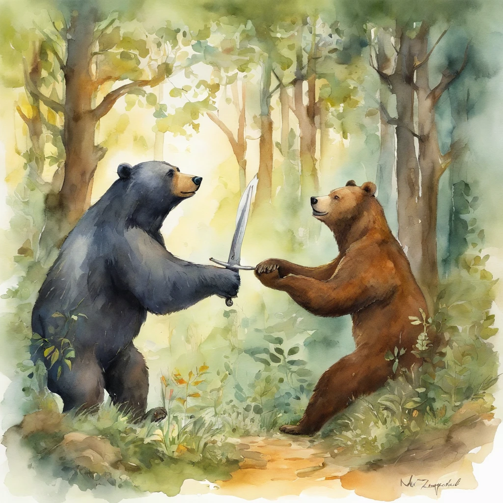 A bear and a human boy are fighting. (Fantasy Anime Style, Hayao Miyazaki, Gouache and Ink, Enchanted Forest Light)