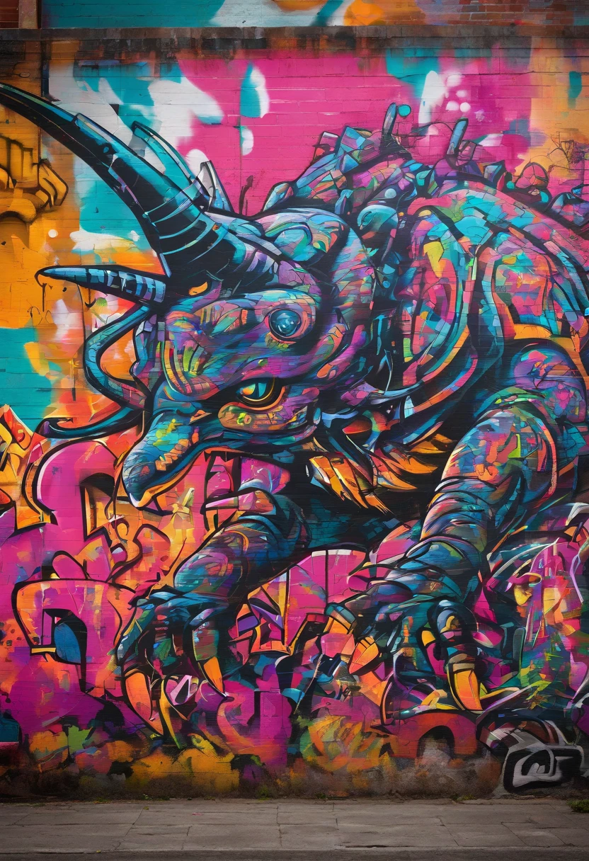 Prompt: Graffiti, The Monster, The whole picture, hight resolution、highly contrast、triceratops、cyberpunked、