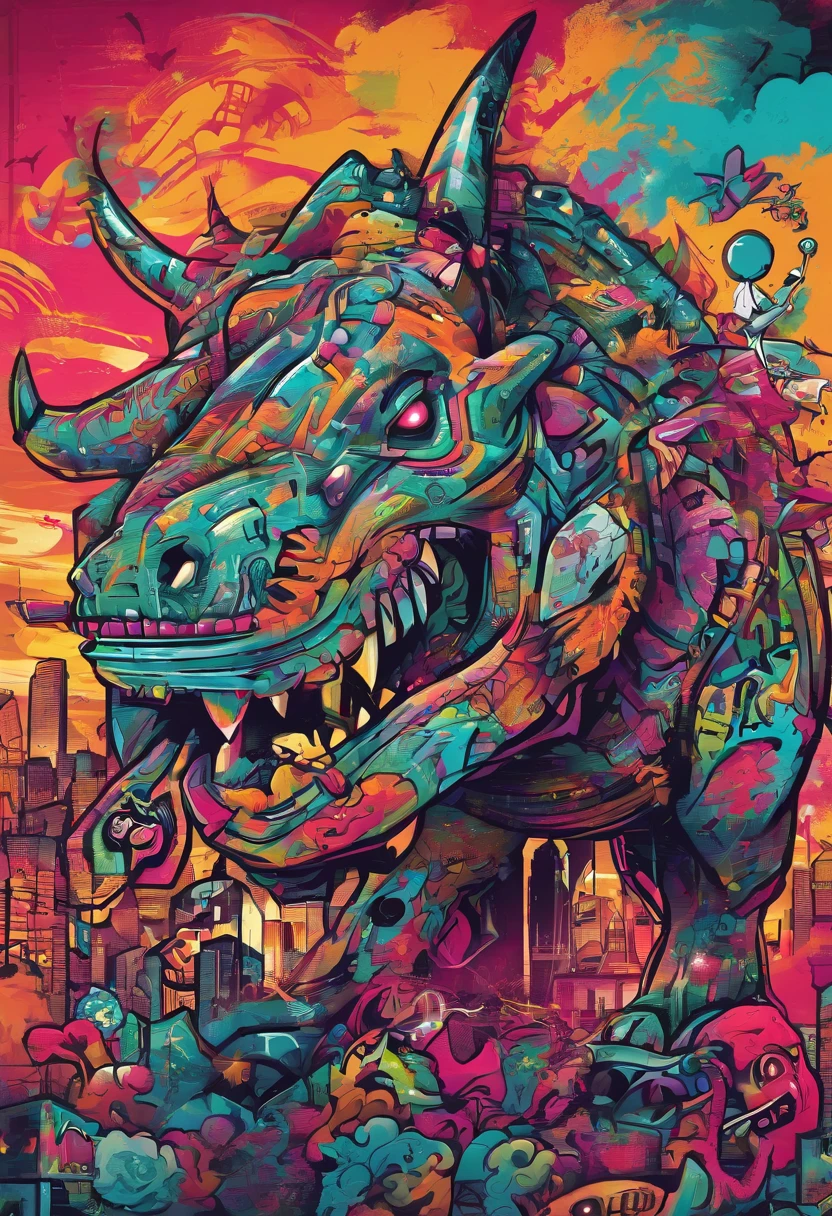 Prompt: Graffiti, The Monster, The whole picture, hight resolution、highly contrast、triceratops、cyberpunked、