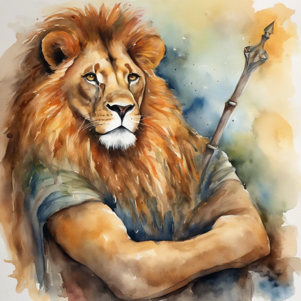 The lion-headed king holds a scepter々and sits on the throne. A boy is resting peacefully next to it