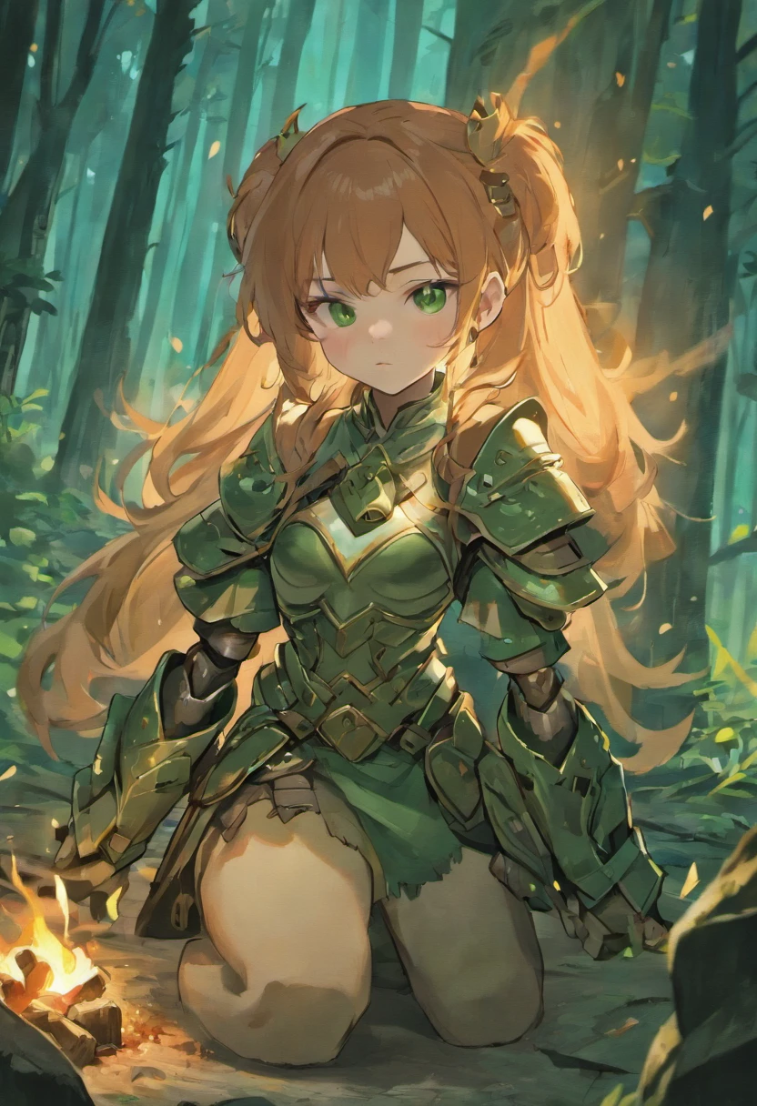 DnD female dwarf, heavy armored with exposed arms, ,cute and sexy, no helmet, slightly curly long brown hair, cute nose, big green eyes, small scar on left cheek, in a forest resting at a campfire