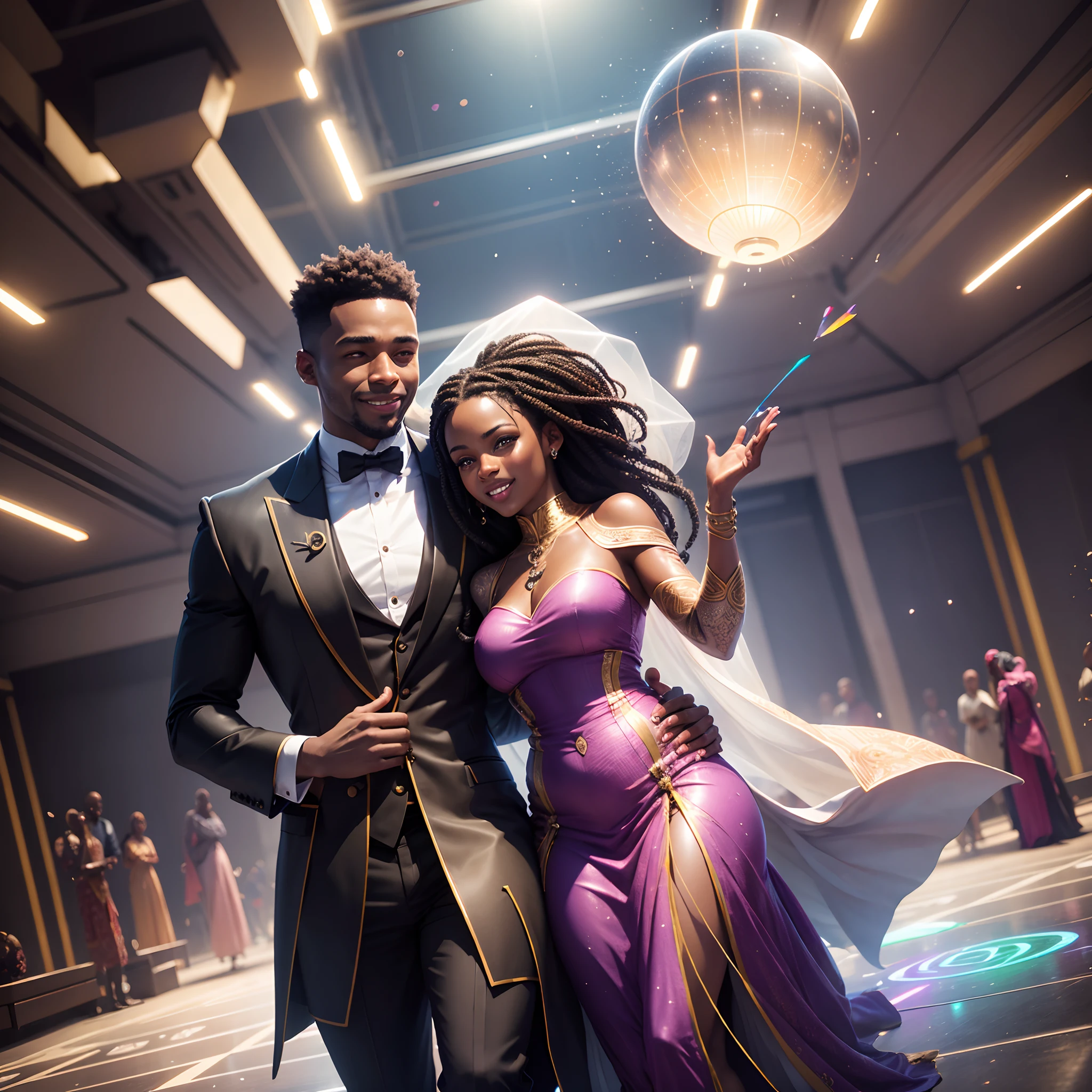 Diagonal angle shot of a happy Black man dressed in African designed clothes and happy black woman dressed in african designed clothes getting married, with celebrating congregation in the background, standing on a reflecting ground surface, under a mechanical spaceship spraying confetti in air, surrounded by lighting futuristic floating light sphere drones, night time, mini androids glowing in the scene, with iridescent light, photorealistic image, ultra HD, cinematic lighting, artgerm style,