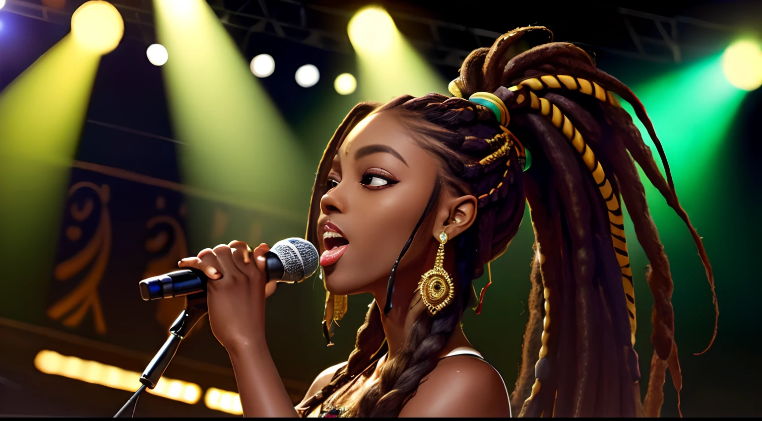 (Masterpiece:1.2), (Best Quality:1.2), perfect  eyes, perfect faces, Dark stage lighting, photo shoot, long  hair, ponytail hair, long  hair, ponytail hair, long  hair, ponytail hair, 1Girl dark skin, Gorgeous tribal dresses,  thick eyelashes, makeups, eyeshadows, middle way hair, (Dreadlocks ), (Dreadlocks ), (Dreadlocks ), (microphone), (Singing on the club stage), (microphone), (Singing on the club stage), (microphone), (Singing on the club stage), (Hip Hop), (Hip Hop), (Hip Hop)