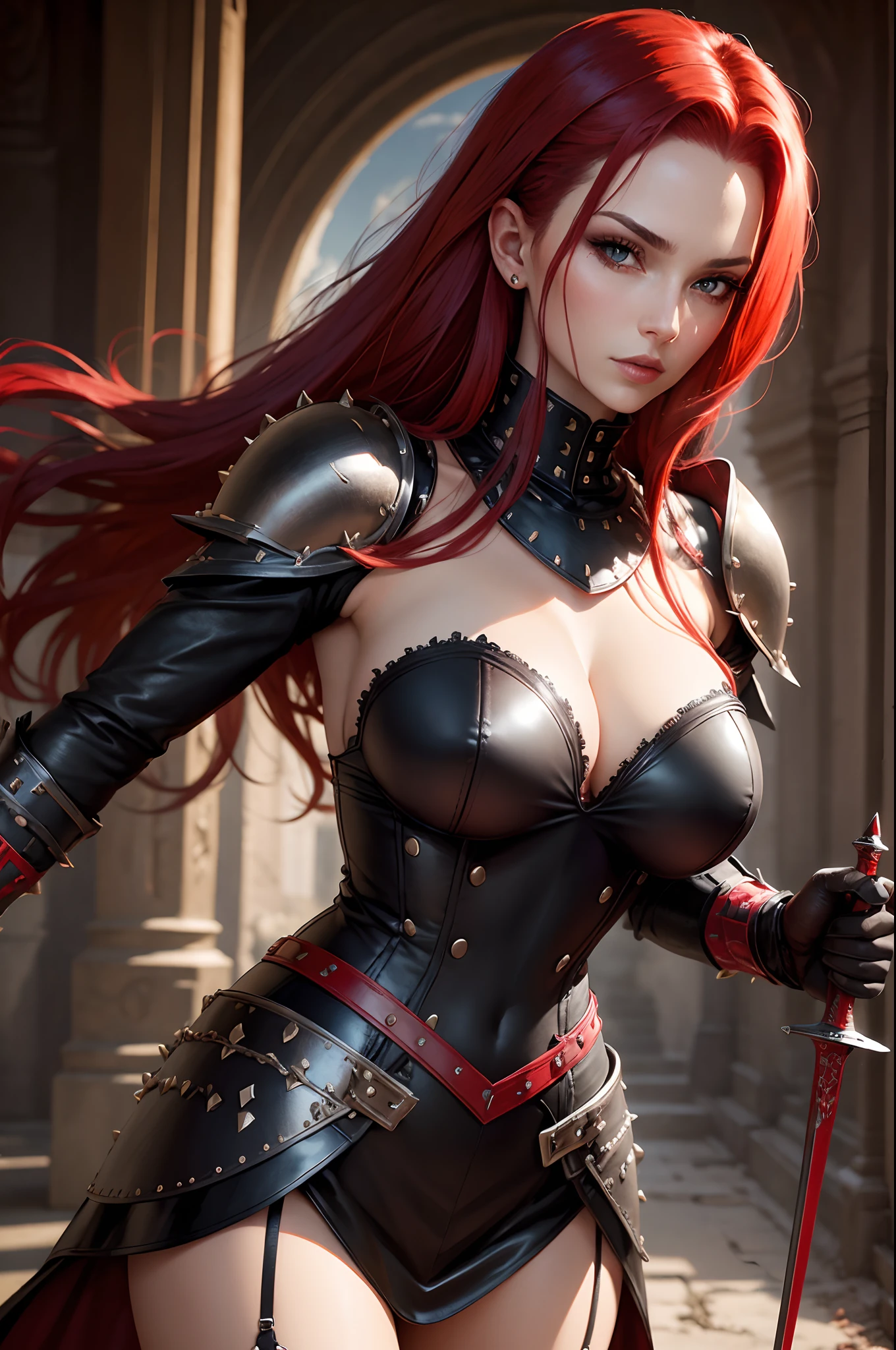Femme magnifique, cheveux noire, red locks, yeux rouge, Black and red studded leather armor, Bloody sword