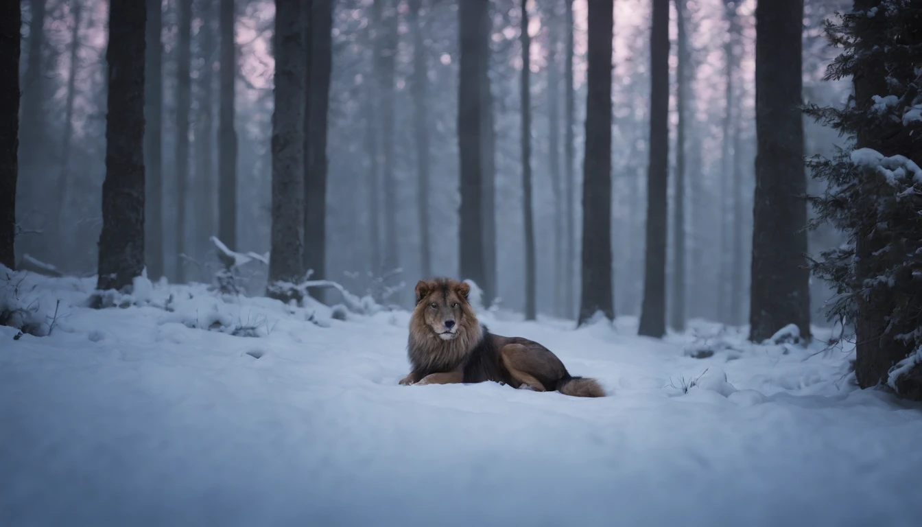 In a snowy night, at the edge of a mystical forest scene from a film, a newborn baby lies wrapped in wool and fur. The eerie atmosphere of medieval Hungary surrounds the scene, creating a cinematic ambiance. The baby is delicately portrayed, with the intricate details of the soft wool and fur emphasized. The darkness of the night enhances the mystical aura, with shadows being cast by the moonlight filtering through the trees. The scene is bathed in a cool color scheme, as blues and purples dominate, further enhancing the mysterious nature of the setting. The lighting is carefully crafted, with dim natural light playing a significant role in creating the atmosphere. The prompt emphasizes the high quality and detail of the image, with a focus on realistic and photorealistic attributes. The prompt also incorporates the elements of art style and texture, describing the scene as a medium of a cinematic landscape.