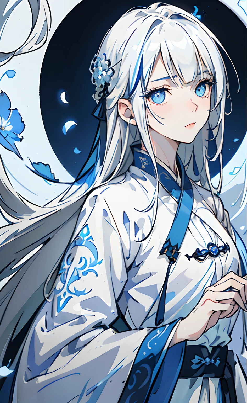 tmasterpiece,Close-up of a woman with white hair,Belle peinture de personnage,Epic and beautiful character art,Stunning character art,ancient wind,Blue and white Hanfu,ssmile,Ancient Chinese city walls,Sitting,