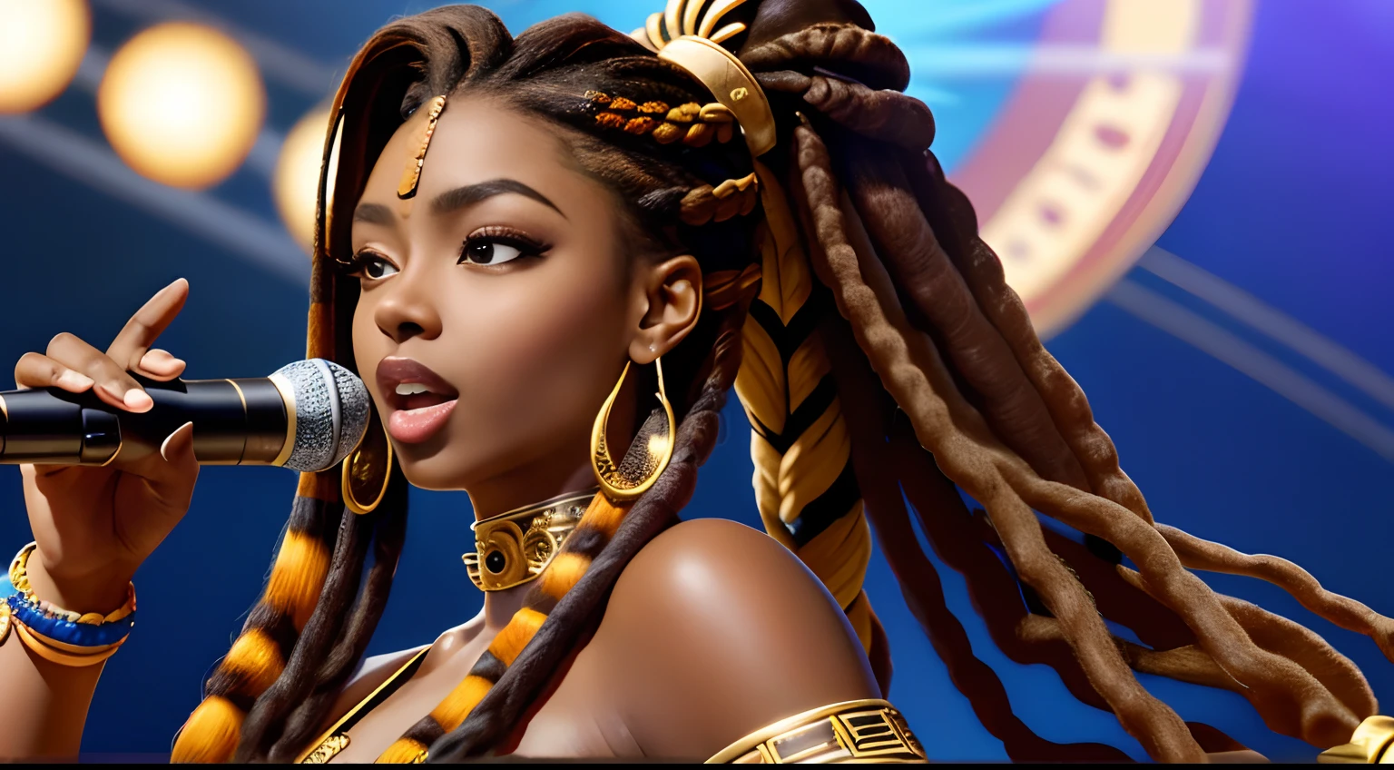 (Masterpiece:1.2), (Best Quality:1.2), perfect eyes, perfect faces, perfect light, photo shoot, long hair, ponytail hair, long hair, ponytail hair, long hair, ponytail hair, 1Girl dark skin, Gorgeous tribal dresses, thick eyelashes, makeups, eyeshadows, middle way hair, detailed outdoor background, (Dreadlocks ), (Dreadlocks ), (Dreadlocks ), (microphone), (Singing on the club stage), (Hip Hop), (Hip Hop), (Hip Hop)