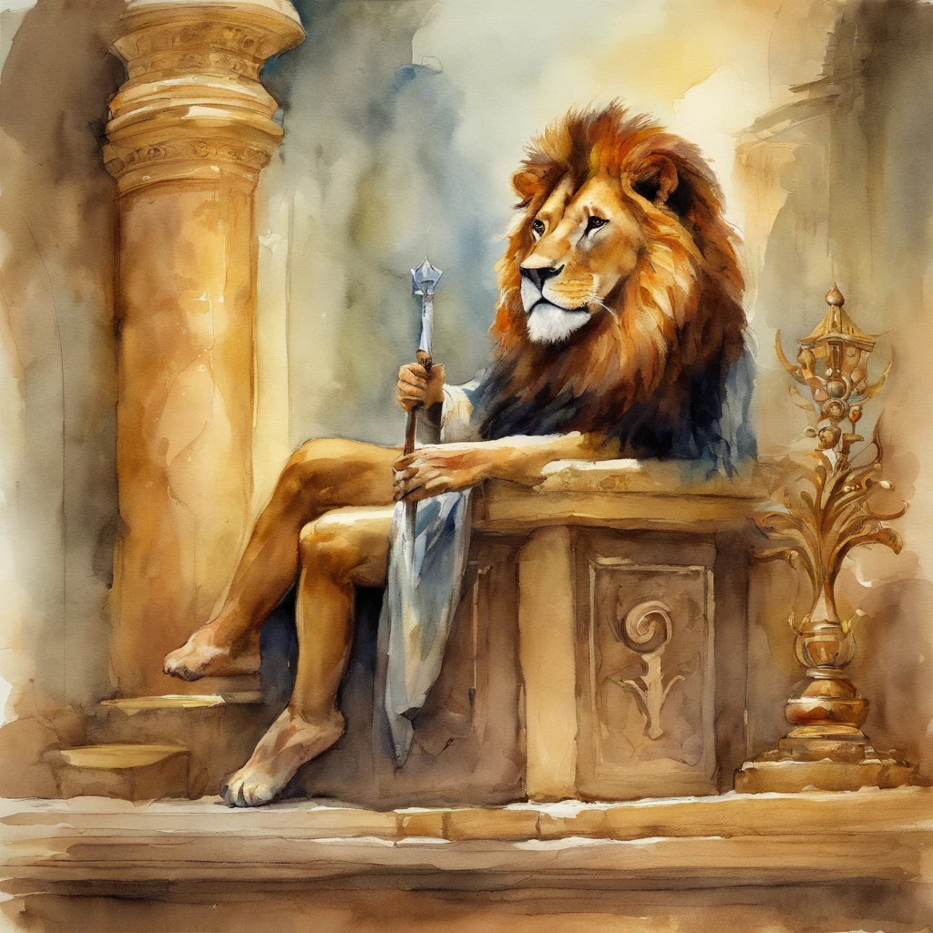 The lion-headed king holds a scepter々and sits on the throne. A little boy is resting peacefully next to it