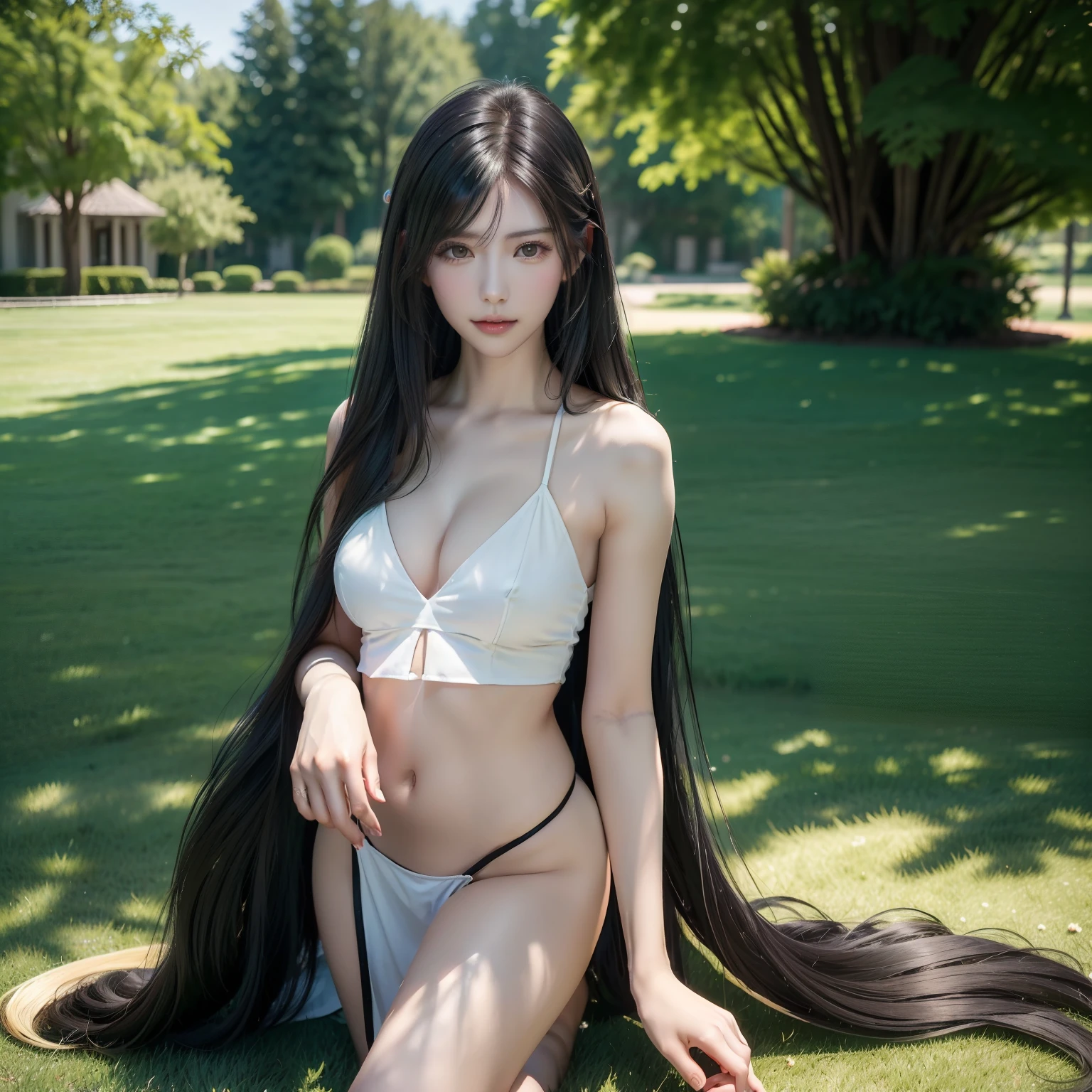 ((Top image quality、top-quality、Top resolution、hyper realistic photography、16k、Full body photo、1 girl、Very beautiful face、Super Super Long Hair、hair length about 3 meters,,,,,、Straight black hair、Black hair longer than height、Black hair that has not been cut for more than 20 years、Slender body、White underwear or naked、The place is on the lawn、Winner of the World Long Hair Contest、Full body real photo、Head-to-toe photo、Photo taken from about 4 meters away、Super Real、Stand up straight、Two hands、2 legs、5 fingers、))She has super long hair that covers her entire body、The longest black hair in the world、lying on the grass with long hair spread,,、Long hair on the lawn shines green、Hair is heavy and tired、Hair longer than Rapunzel、very large amount of hair、Sleeping face down on the lawn、The lawn is hidden by a large amount of hair、She hides her whole body with very long black hair、Hair that is shampooed every day is very clean、Hair smells of roses、Female sex appeal lies in very long black hair.、The attractiveness of women lies in very long black hair、Long black hair is a symbol of beauty、My pride is very long black hair、Bright lighting、profetional lighting、Cut long black hair short and present to viewers、I'm embarrassed by the appearance of my hair cut short、
