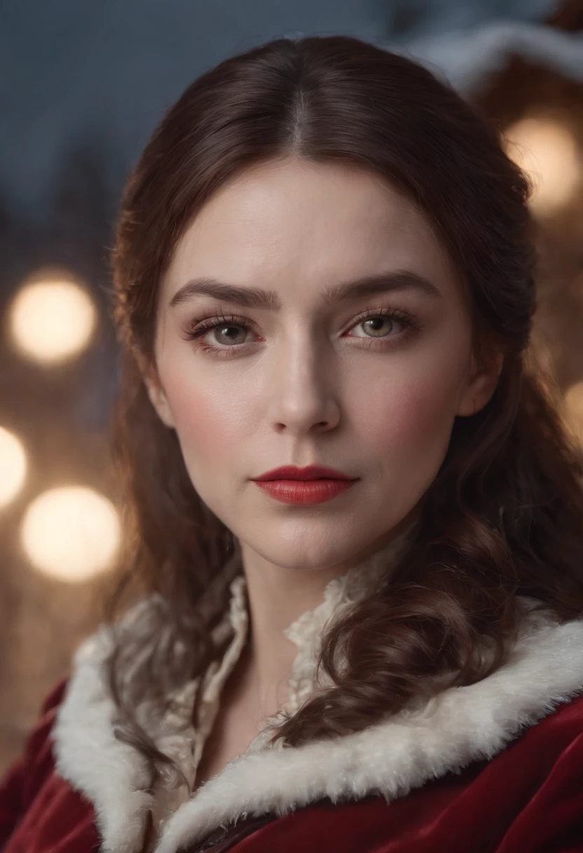 (sharp focus:1.2),cinematic still, filmed by Guillermo del Toro, Front side view, a red horse-drawn stagecoach with Santa Claus driving, loaded with gift packages of products, poses in front of a Christmas tree, breast enhancement, reality, offcial art, 8K quality,Super detail, fine detail skin, Movie Angle, cinematic textures, Masterpiece, Best picture quality, Wear a red velvet jacket outside, lightning back lighting, , lines on face, wrinkles, extremely detailed skin, sadness, hopelessness ,cloudy eyes, (deep shadows:1.1), high contrast, beautiful eyes, absurdres, 8k, (high quality:1.3), , artstation hd, concept art, detailed face and body, award-winning photography, (moody lighting:1.2), depth of field, bokeh, 4K, HDR, Coniferous forest with heavy snowfall, It's snowing .One-person viewpoint, 8K, masutepiece, nffsw, Super Detail, High quality, Best Quality, hight resolution,