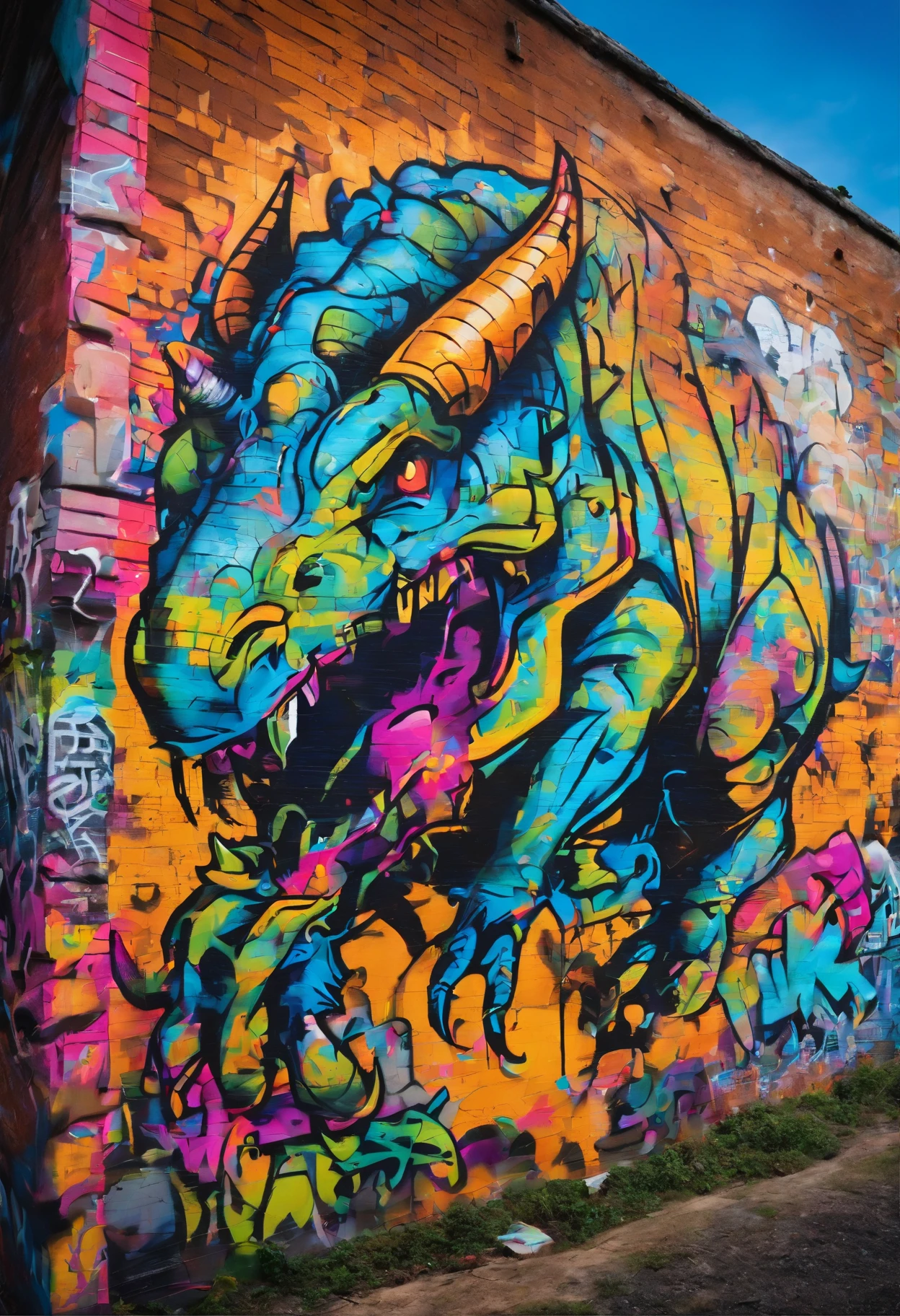 Prompt: Graffiti, The Monster, The whole picture, hight resolution、highly contrast、triceratops、BLUE、