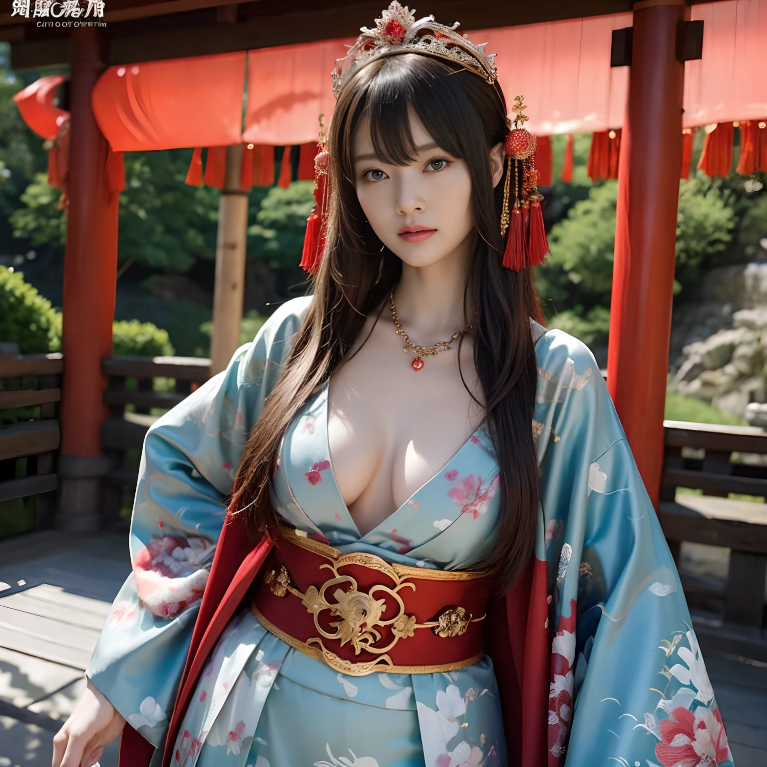 (Fight fiercely with dragons)、top-quality、masterpiece、超A high resolution、(Wearing a colorful Japan kimono)、Kimono with beautiful pattern、(Wearing a beautiful crown made of jewels),(Photorealsitic:1.4)、Raw photo、1人、Japan big castle background、glowy skin、(((Chinese Dragon)))、(Gorgeous Jewelry Necklaces)、(Mystical expression)、(Fight big dragons)、Kimono with beautiful pattern of Japan、(Metal bodysuit)、(beautiful forest background)、Precipitous cliffs、(Small LED)、((super realistic details))、portlate、globalillumination、Shadow、octan render、(There is also a shrine in the background)、8K、ultrasharp、Colossal tits、Raw skin is exposed in cleavage、metals、Details of complex ornaments、Japan details、highly intricate detail、Realistic light、CGSoation Trends、Blue eyes、radiant eyes、Facing the camera、neon details)、Gundam、Small LED、,Mechanical thighs、Toostock、(Full Body Angle)、(veils)、