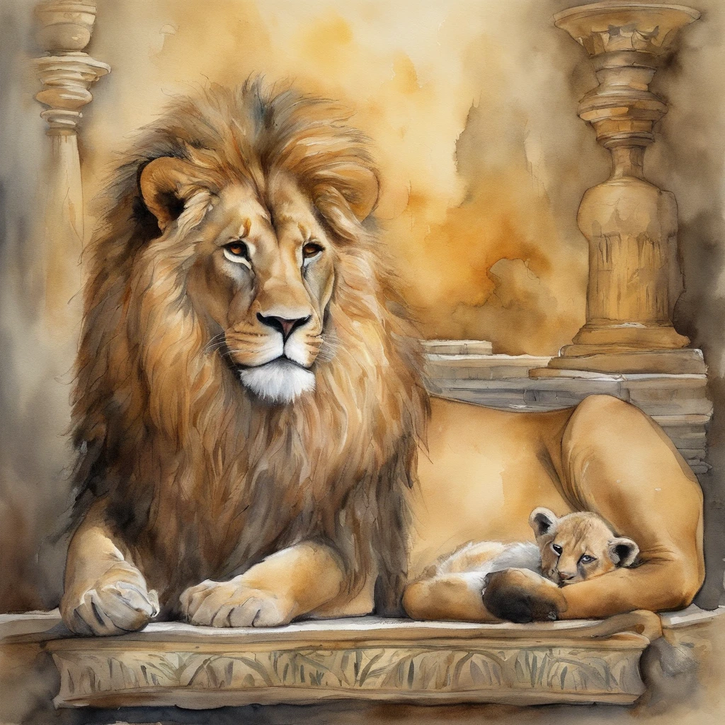 Drawing with pencil and watercolor、The lion-headed king holds a scepter々and sits on the throne. A is resting peacefully next to it
