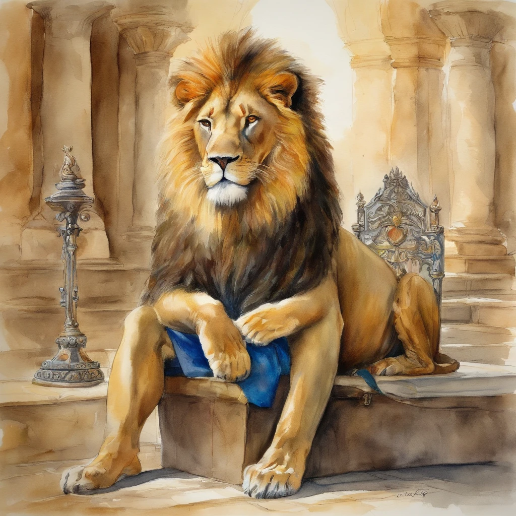 Drawing with pencil and watercolor、The lion-headed king holds a scepter々and sits on the throne. A little boy is resting peacefully next to it