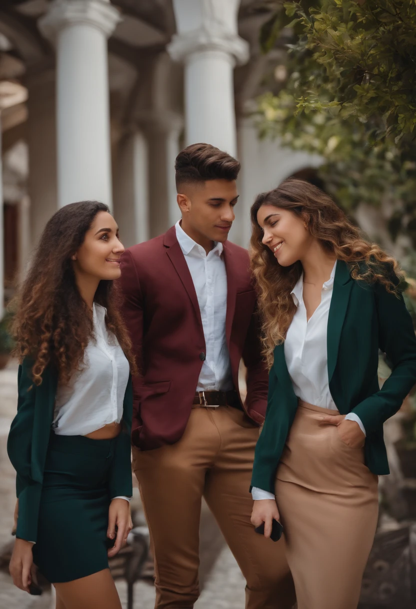 three 19 years old young enthusiastic latin business entrepreneurs, one guy and two girls, making decisions after watching business excel reports. 4k photo definition, hiperrealistic. inspirational essense.