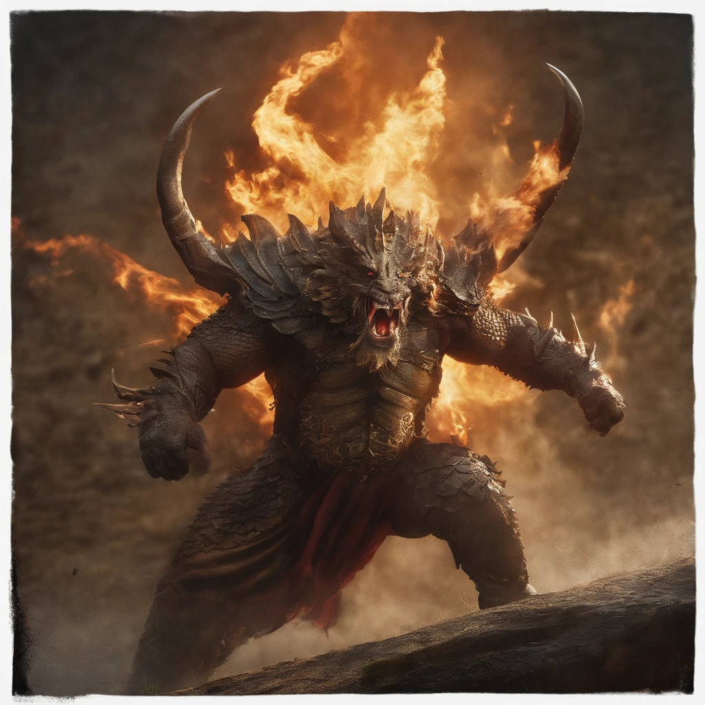 Jin Tianlong,piercing red eyes,Close-up of blood fire released from the nose,Chest scales,high high quality,8K,Many details,Fire lettuce,Alas,4 legs,Spotted claws,golds,dangers,fires,dentes pontiagudos,big dragon,immensity,threatening,imponent