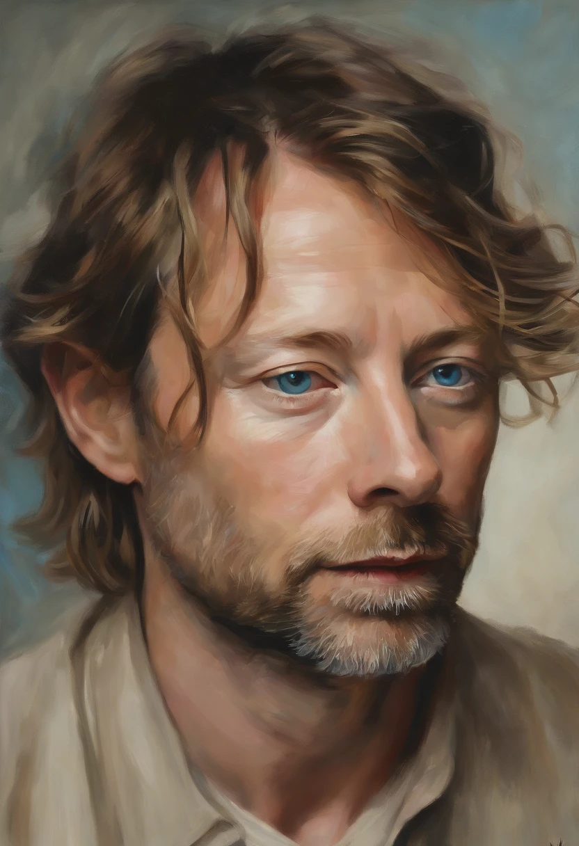 thom yorke as a modern pop star,oil painting,low saturation,best quality,ultra-detailed,realistic,portrait,subtle colors,soft lighting,singer,artist,expressive eyes,freckles,aged appearance,tangled hair,creative expression,emotional depth,extraordinary talent,unique personality,deep introspection,warm tones,intonation,musicality,facial details,wisdom,experienced,charismatic presence,blurred background,elegant pose,rich texture,subdued hues,dreamlike atmosphere,artistic interpretation,nuanced brushstrokes,subtle shadows,gentle gaze,total immersion,airy brushwork,impressionistic style,Ambient,Electronic,Landscape record,compositional balance,thoughtful,lyrical,mellow music,transcendent ambiance,vibrant storytelling,soothing melodies,haunting lyrics,layered soundscapes,provocative vibes,ethereal beauty,rhythmic exploration,enigmatic aura,sonic landscapes, Color spark, Hallucination