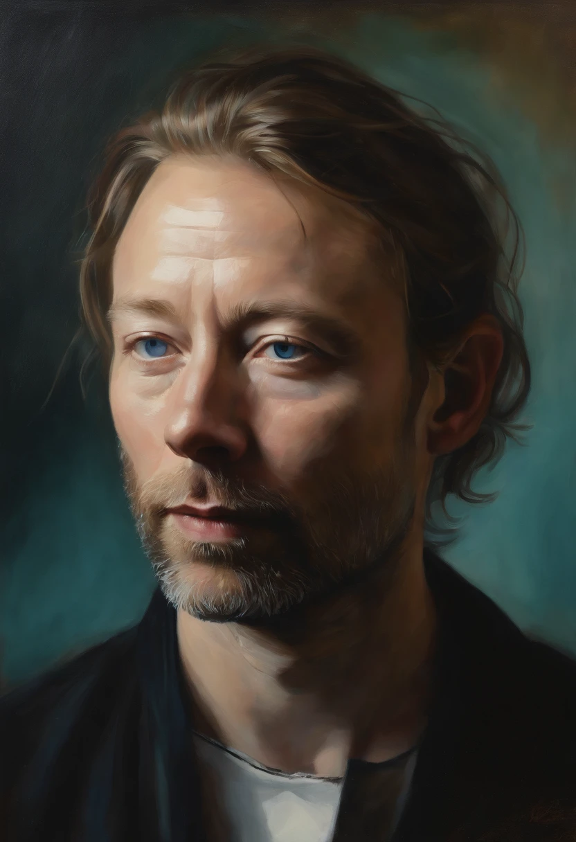 thom yorke as a modern pop star,oil painting,low saturation,best quality,ultra-detailed,realistic,portrait,subtle colors,soft lighting,singer,artist,expressive eyes,freckles,aged appearance,tangled hair,creative expression,emotional depth,extraordinary talent,unique personality,deep introspection,warm tones,intonation,musicality,facial details,wisdom,experienced,charismatic presence,blurred background,elegant pose,rich texture,subdued hues,dreamlike atmosphere,artistic interpretation,nuanced brushstrokes,subtle shadows,gentle gaze,total immersion,airy brushwork,impressionistic style,Ambient,Electronic,Landscape record,compositional balance,thoughtful,lyrical,mellow music,transcendent ambiance,vibrant storytelling,soothing melodies,haunting lyrics,layered soundscapes,provocative vibes,ethereal beauty,rhythmic exploration,enigmatic aura,sonic landscapes, Color spark, Hallucination