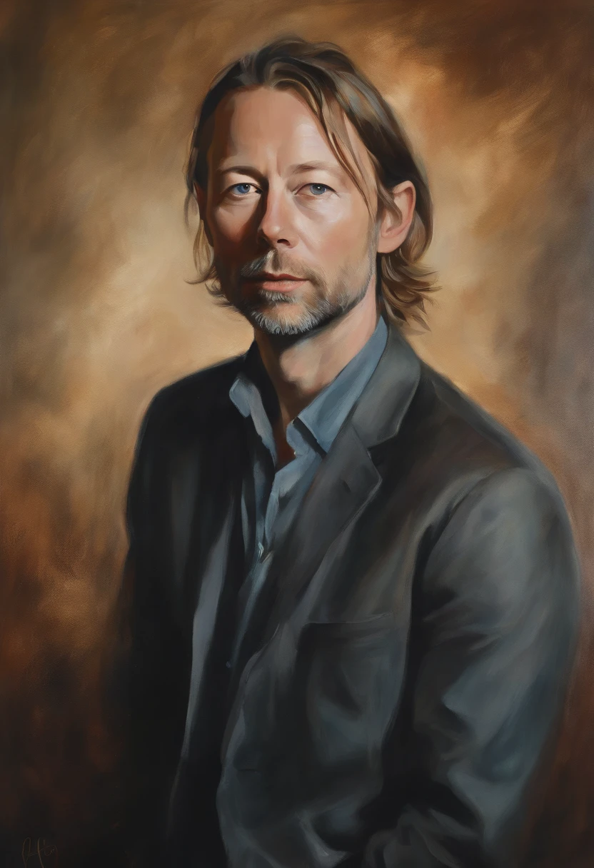 thom yorke as a modern pop star,oil painting,low saturation,best quality,ultra-detailed,realistic,portrait,subtle colors,soft lighting,singer,artist,expressive eyes,freckles,aged appearance,tangled hair,creative expression,emotional depth,extraordinary talent,unique personality,deep introspection,warm tones,intonation,musicality,facial details,wisdom,experienced,charismatic presence,blurred background,elegant pose,rich texture,subdued hues,dreamlike atmosphere,artistic interpretation,nuanced brushstrokes,subtle shadows,gentle gaze,total immersion,airy brushwork,impressionistic style,Ambient,Electronic,Landscape record,compositional balance,thoughtful,lyrical,mellow music,transcendent ambiance,vibrant storytelling,soothing melodies,haunting lyrics,layered soundscapes,provocative vibes,ethereal beauty,rhythmic exploration,enigmatic aura,sonic landscapes, Color spark, Hallucination