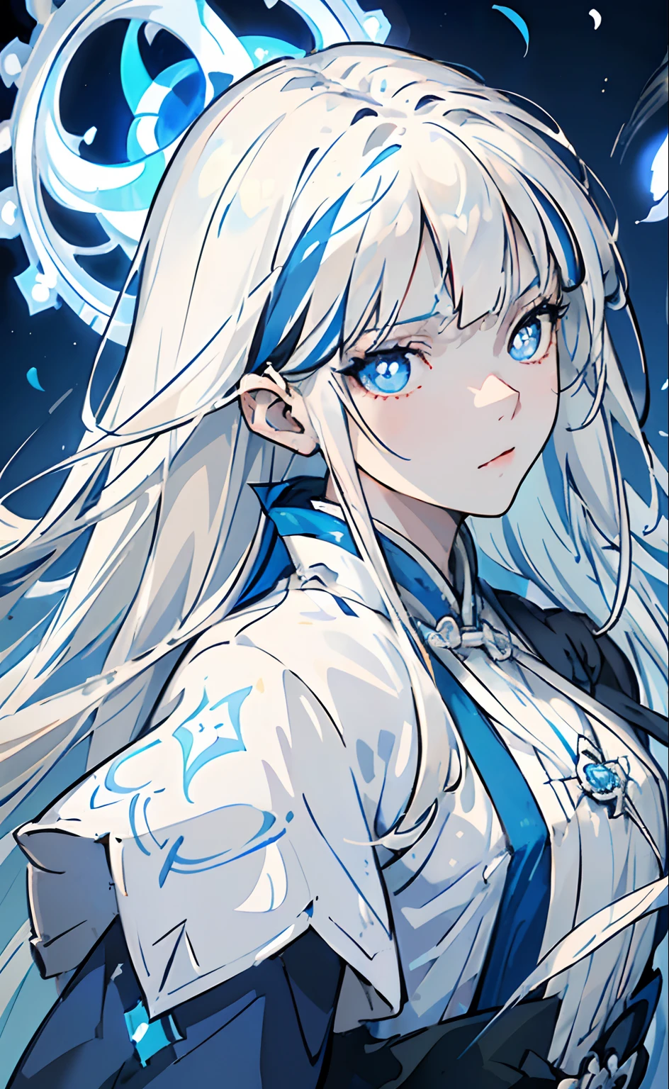 Mature girl, white hair, ((blue-streaked white hair)), floating hair, delicate eyes, blue pupils, heroine, blue and white antique damask hanfu, FOV, f1.8, masterpiece, complex scene, (portrait shot), (front shot), dominant blue outfit, right front bangs, asymmetrical hair, glowing eyes, falling petals, face focus photo