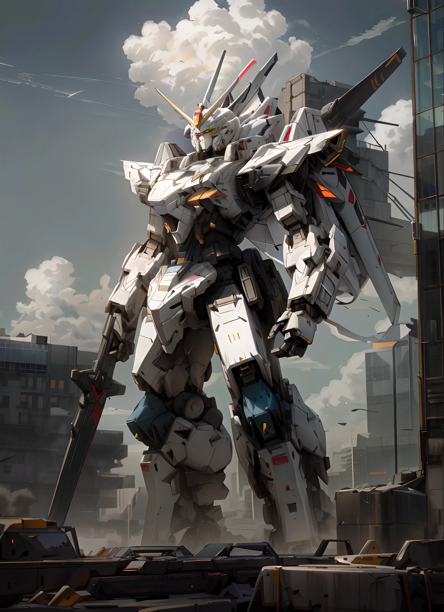 GP-03 stands in the ruins of the city , alexandre ferra white mecha, modern mecha anime, white color mecha, cool mecha style, anime large mecha robot, mecha anime, mecha art, Alexander Ferra Mecha, anime mecha aesthetic, mecha asthetic, giant anime mecha, Mecha Inspiration