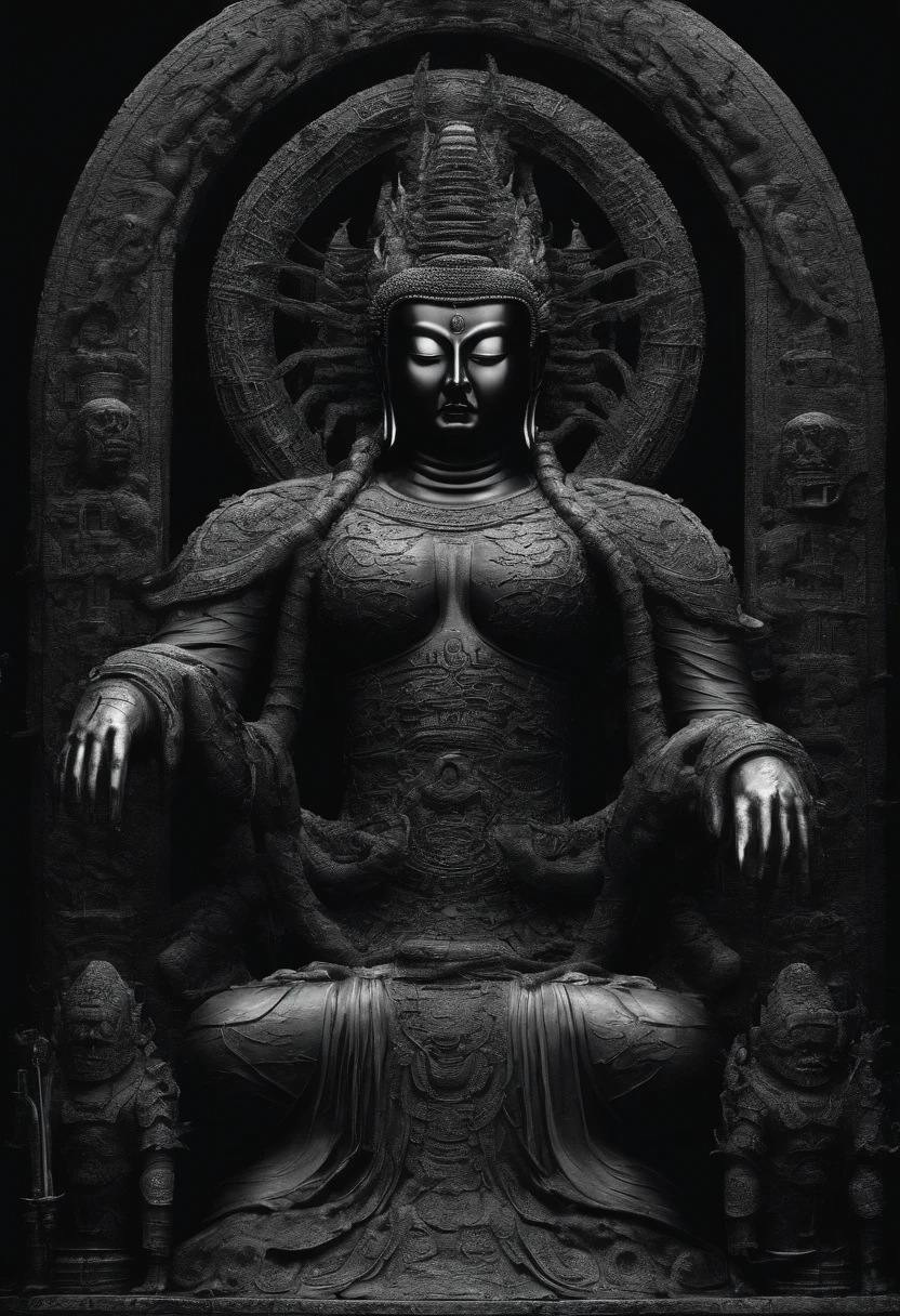 (((Masterpiece))),(((Best quality))),(((Amazing detail))),((illustration)),((A high resolution)),((8K)),Buddha,Buddha nimbus,Buddhist backlight,eyes closed,Biotechnology,flesh,meat,blood tears,many eyes,horror,insane,twisted,creepy,many hands behind,tentacles,huge,full body,chiaroscuro,pov,from below,dark fantasy,Black atmosphere,overcast,realistic,Photorealistic painting art,Rich texture,