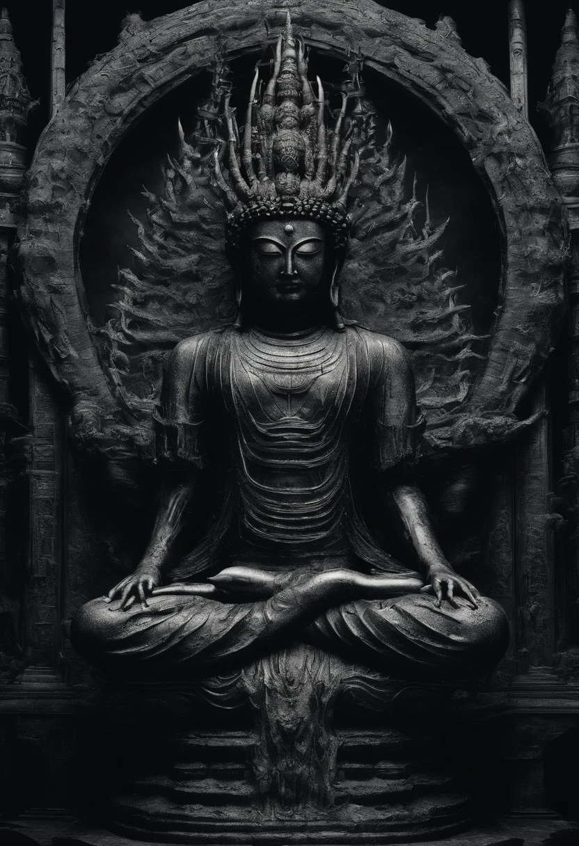 High quality, 4k, Senju Kannon Buddha statue with 50 arms holding weapons in the style of HR Giger, plain background,