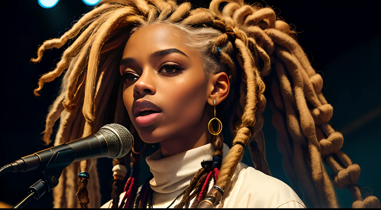 Protrait, a photo of, Neutral Hunnuman, Oval jaw, delicate features, beautifull face, , beautifull face, beautifull face, beautifull face, prefect skin, prefect skin, prefect skin, prefect skin, Long ponytail, (microphone), (Singing on the club stage), (Hip Hop), (Hip Hop), (Hip Hop), (Dreadlocks), (Dreadlocks), (Dreadlocks)