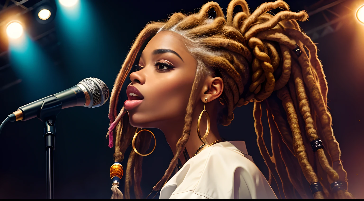 Protrait, a photo of, Neutral Hunnuman, Oval jaw, delicate features, beautifull face, , beautifull face, beautifull face, beautifull face, prefect skin, prefect skin, prefect skin, prefect skin, Long ponytail, (microphone), (Singing on the club stage), (Hip Hop), (Hip Hop), (Hip Hop), (Dreadlocks), (Dreadlocks), (Dreadlocks)