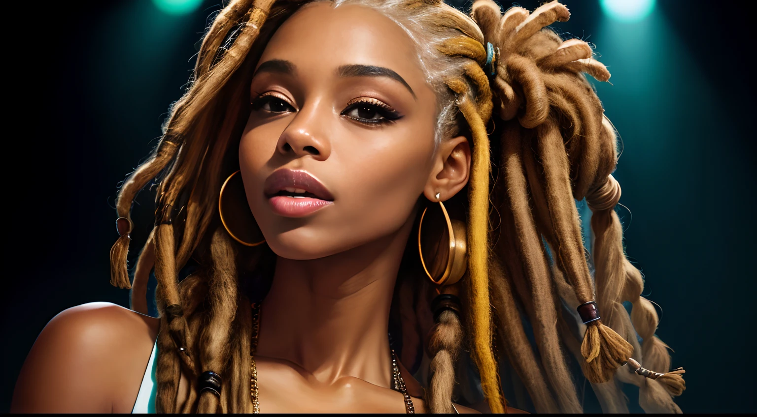 Protrait, a photo of, Neutral Hunnuman, Oval jaw, delicate features, beautifull face, , beautifull face, beautifull face, beautifull face, prefect skin, prefect skin, prefect skin, prefect skin, Long ponytail, (microphone), (Singing on the club stage), (Hip Hop), (Hip Hop), (Hip Hop), (Dreadlocks), (Dreadlocks), (Dreadlocks)