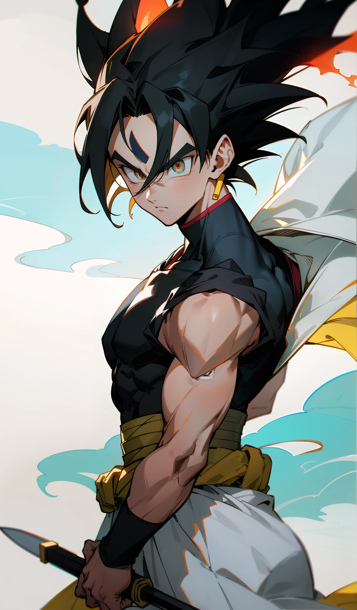 Un saiyajin con la face god, color de los ojos con un Sharingan, armadura futurista, paisaje futurista, fuego, espada en la espalda, cuerpo completo, (128k), (full HD), (Ultra realista), truenos de diferentes colores, cara perfecta, (hombre saiyajin), dibujo animado estilo Dragon Ball Super, alineado, dibujo finos