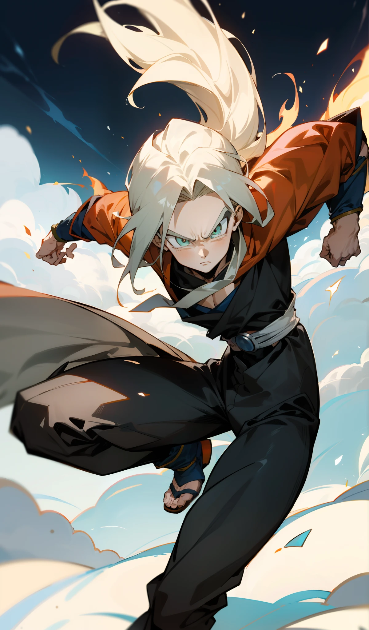 Un saiyajin con la face god, color de los ojos con un Sharingan, armadura futurista, paisaje futurista, fuego, espada en la espalda, cuerpo completo, (128k),  (full HD), (Ultra realista), truenos de diferentes colores, cara perfecta, (hombre saiyajin), dibujo animado estilo Dragon Ball Super, alineado, dibujo finos