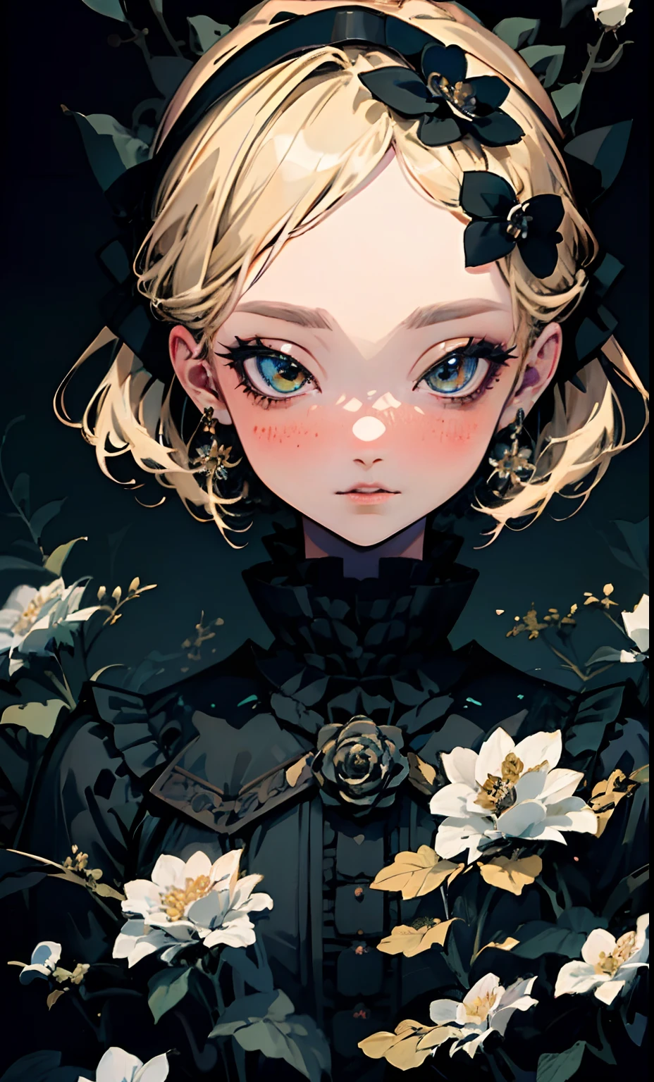 best quality, 4K wallpaper, masterpiece, extremely detailed CG wallpaper unit 8k, extremely detailed eyes, ultra-detailed, intricate details, jppop art style, 1girl, blonde, looking facing the viewer, live outdoor, black rose garden, full black flowers, black flower background,