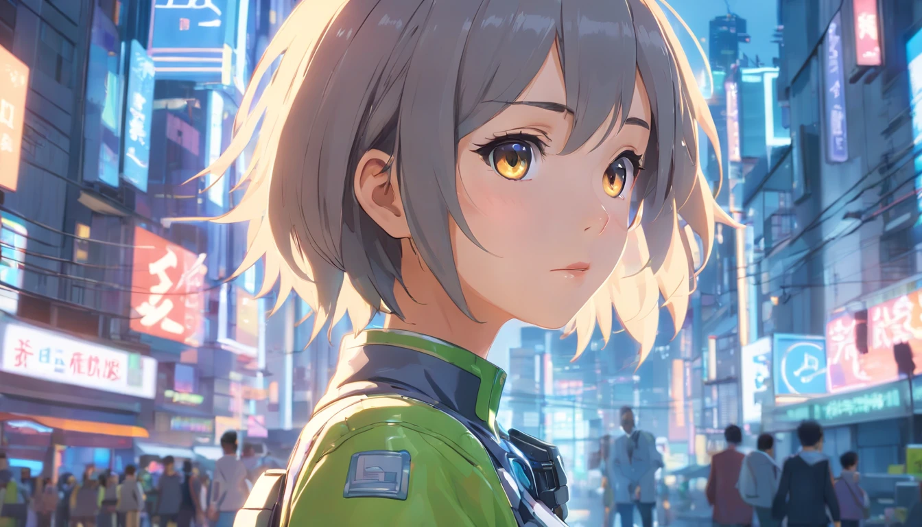 (best quality,8k,ultra-detailed,masterpiece:1.2),(futuristic,cyberpunk) portrait of a girl in a mech suit, with glowing eyes, delicate facial features, cracked armor, mechanical aura, cybernetic arms, gray hair flowing in the wind, porcelain-like body, a gap between her thighs, petite chest, set against a vibrant cyber city backdrop. The girl's exposed skin has a translucent and reflective quality. The artwork is rendered in 8K resolution with meticulous attention to every minute detail, achieving a hyper-realistic effect.