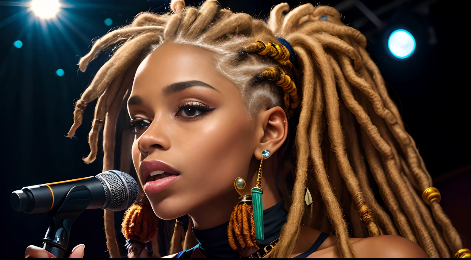 Protrait, a photo of, Neutral Hunnuman, Oval jaw, delicate features, beautifull face, , beautifull face, beautifull face, beautifull face, prefect skin, prefect skin, prefect skin, prefect skin, Long ponytail, (microphone), (Singing on the club stage), (Hip Hop), (Hip Hop), (Hip Hop), (Dreadlocks), (Dreadlocks), (Dreadlocks)