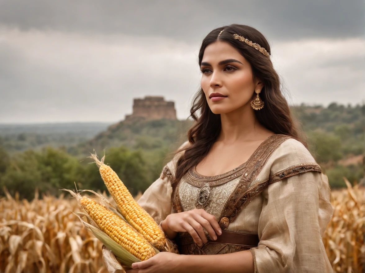 FOTO DE PORTADA bella Guerrera Azteca de cerca . In the Land of Corn, En enormes tierras del dios de la guerra azteca.HD 4K