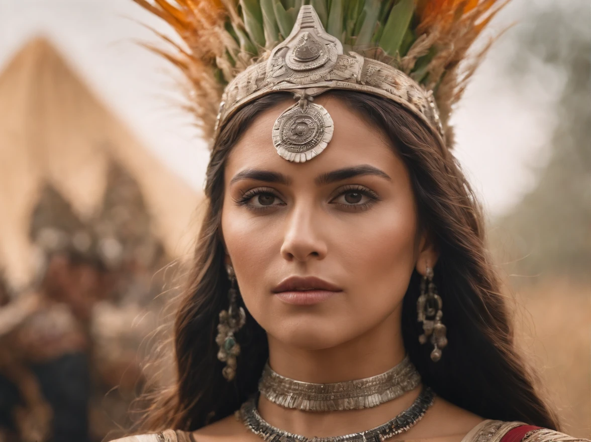 FOTO DE PORTADA bella Guerrera Azteca de cerca . In the Land of Corn, En enormes tierras del dios de la guerra azteca.HD 4K